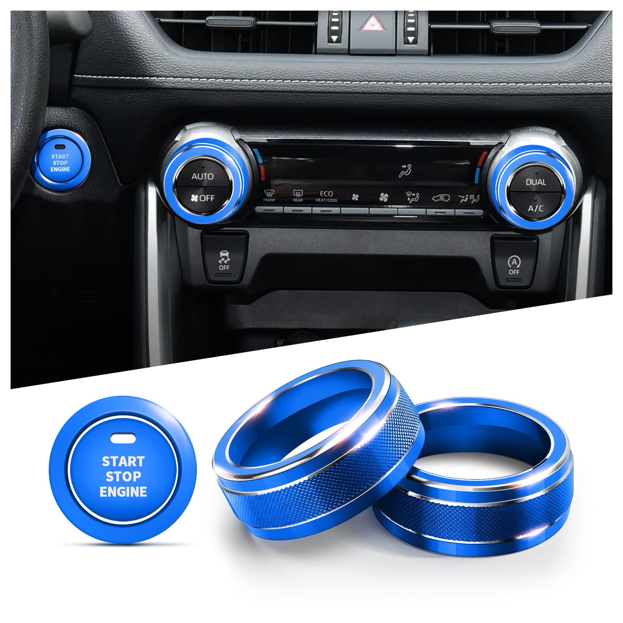 for Toyota RAV4 Accessories 2025 2024 2023 2022 2021 2020 2019 -Air Conditioning Knob Covers, Push Start Button Cover Trim Rings 4pcs (Blue)