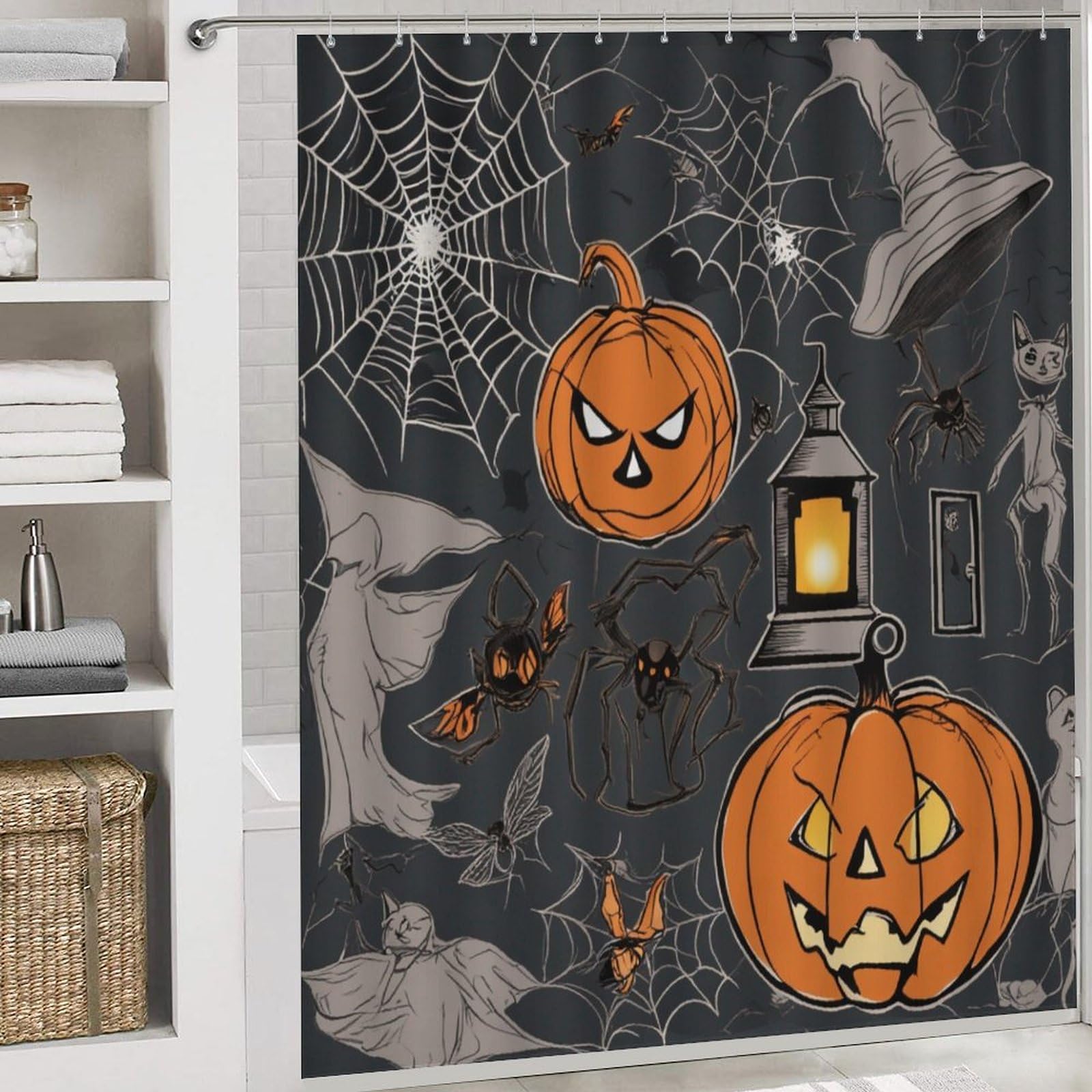 Halloween Duschvorhang-Set Mit Totenkopf-Kürbis | 4-teilig Inkl. Matte, WC-Bezug, Haken