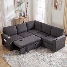 Bonzy Home L Shaped Sofa Bed, 5 Seater Modular Sectional Couch with Pull Out Bed & Storage, Modern Living Room Sectional Sofa with Charging Ports, Side Pockets and Cup Holders, Grey