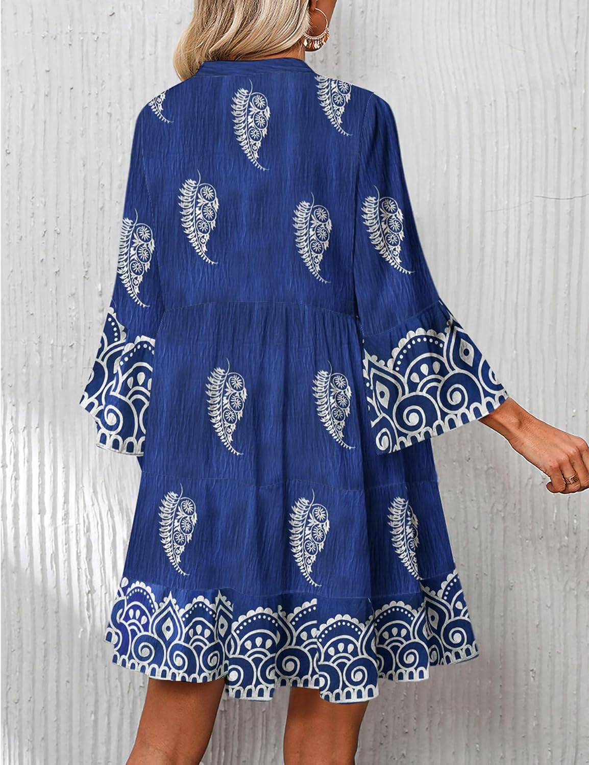 SELINK Womens Long Sleeve Dresses Casual V Neck Tribal Print Button Flowy Boho Mini Beach Dress - Image 2