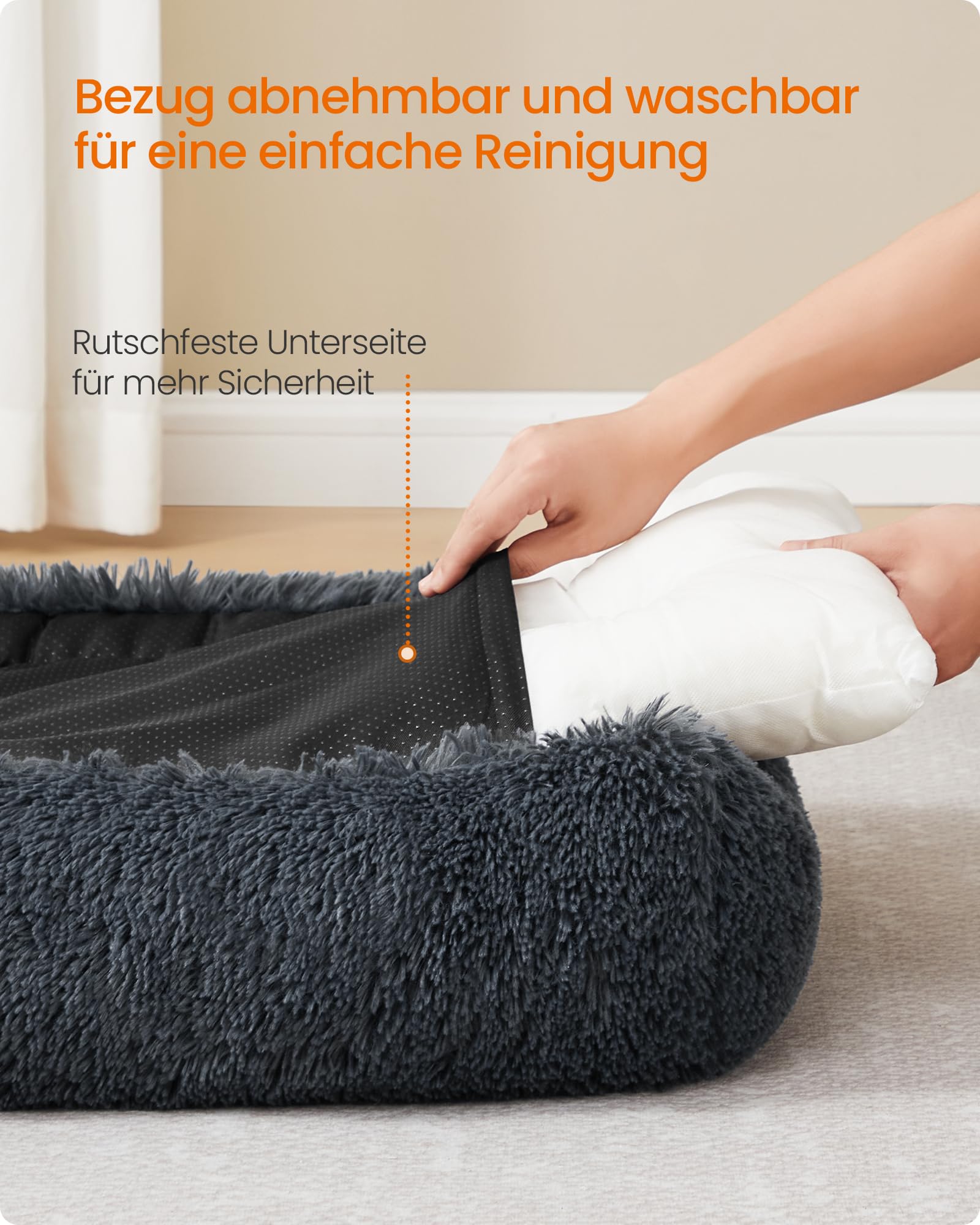 Feandrea Hundebett, mittelgroßes Hundekissen, 71 x 55 x 18 cm, Hundekorb, weiche Polsterung, Hundesofa, erhöhte Ränder, Bezug abnehmbar und waschbar, rutschfest, Dunkelgrau PGW271GR01