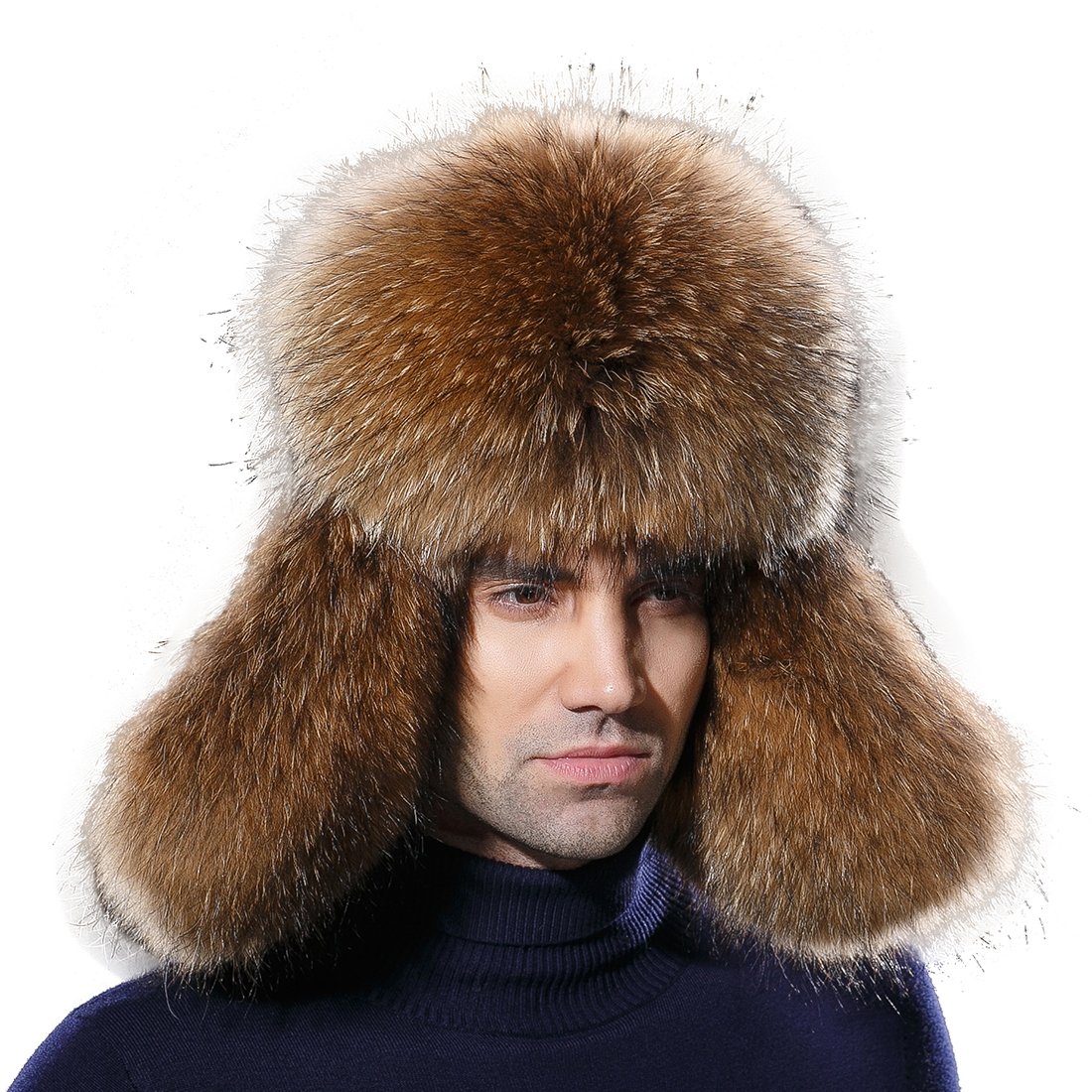 URSFUR Winter Men Hat Real Raccoon Russian Ushanka Trapper Cap