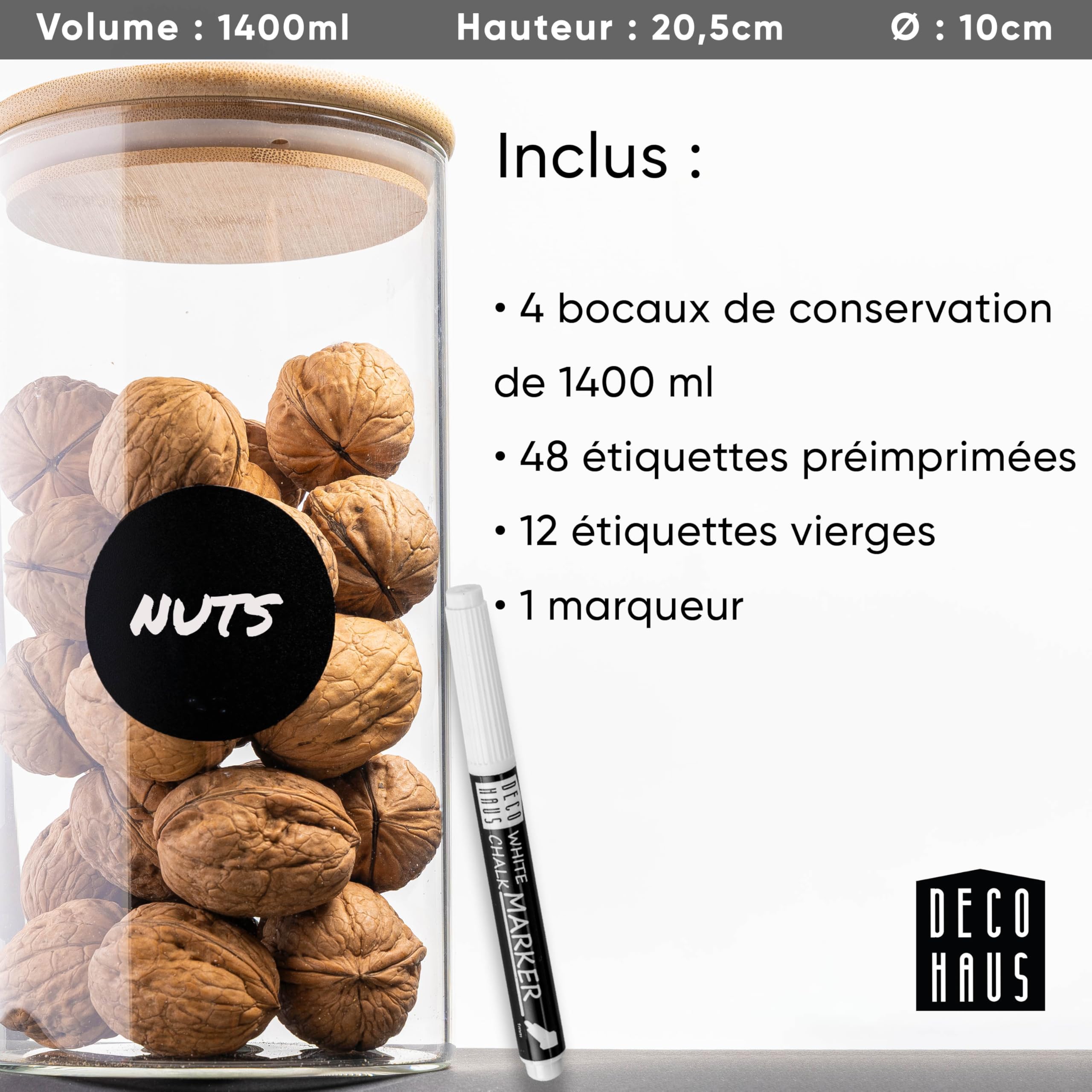Deco haus® Bocaux en Verre Hermétique Lot de 4 [+ÉTIQUETTES] - Bocal en Verre avec Couvercle 4x1400ml - Bocal Rangement Cuisine - Bocaux de Conservation - Boite Anti Mites - Pot Hermétique Alimentaire