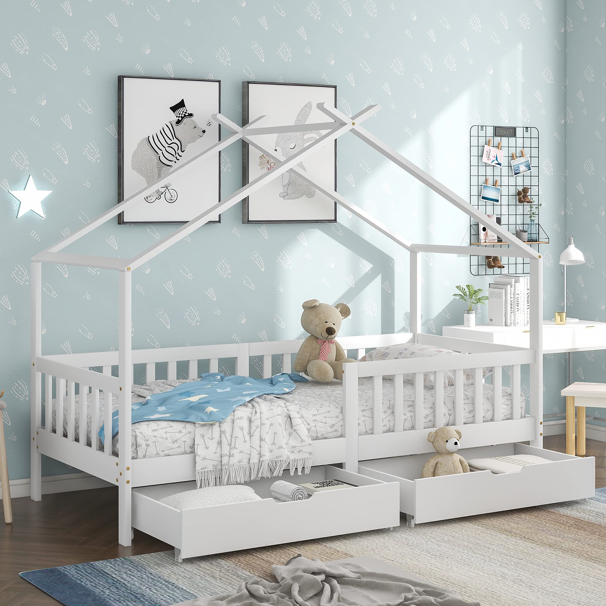Letto Casetta per Bambini 90x200cm, Lettino Montessori con 2 Cassetti, Struttura in legno massello con Rete a Doghe, Cameretta Ragazzi, letto a Forma di Casa