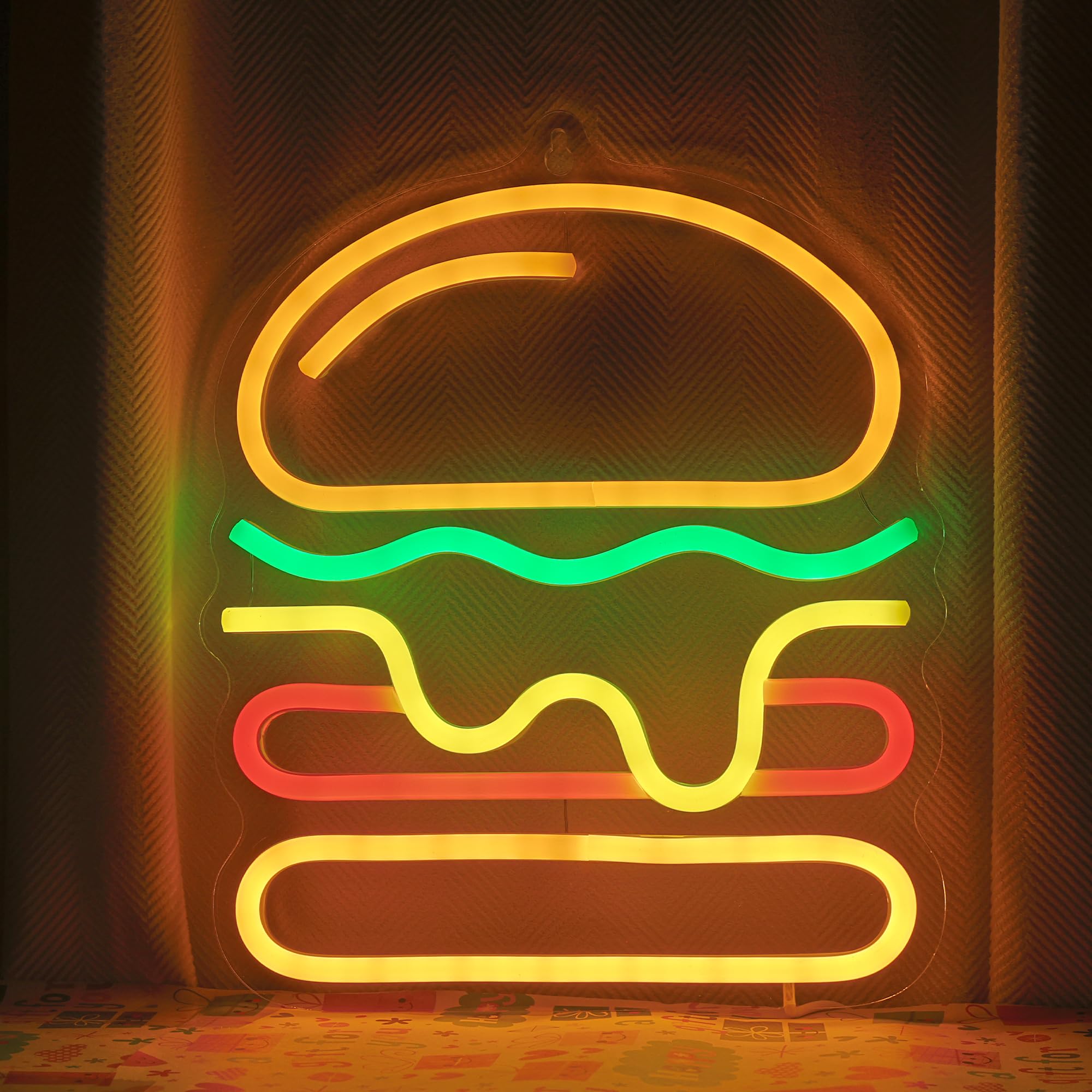 Attivolife Panneau néon hamburger pour décoration murale, lampe lumineuse de délicieux aliments avec alimentation USB faible, décoration unique pour magasin de restauration rapide, restaurant, Noël
