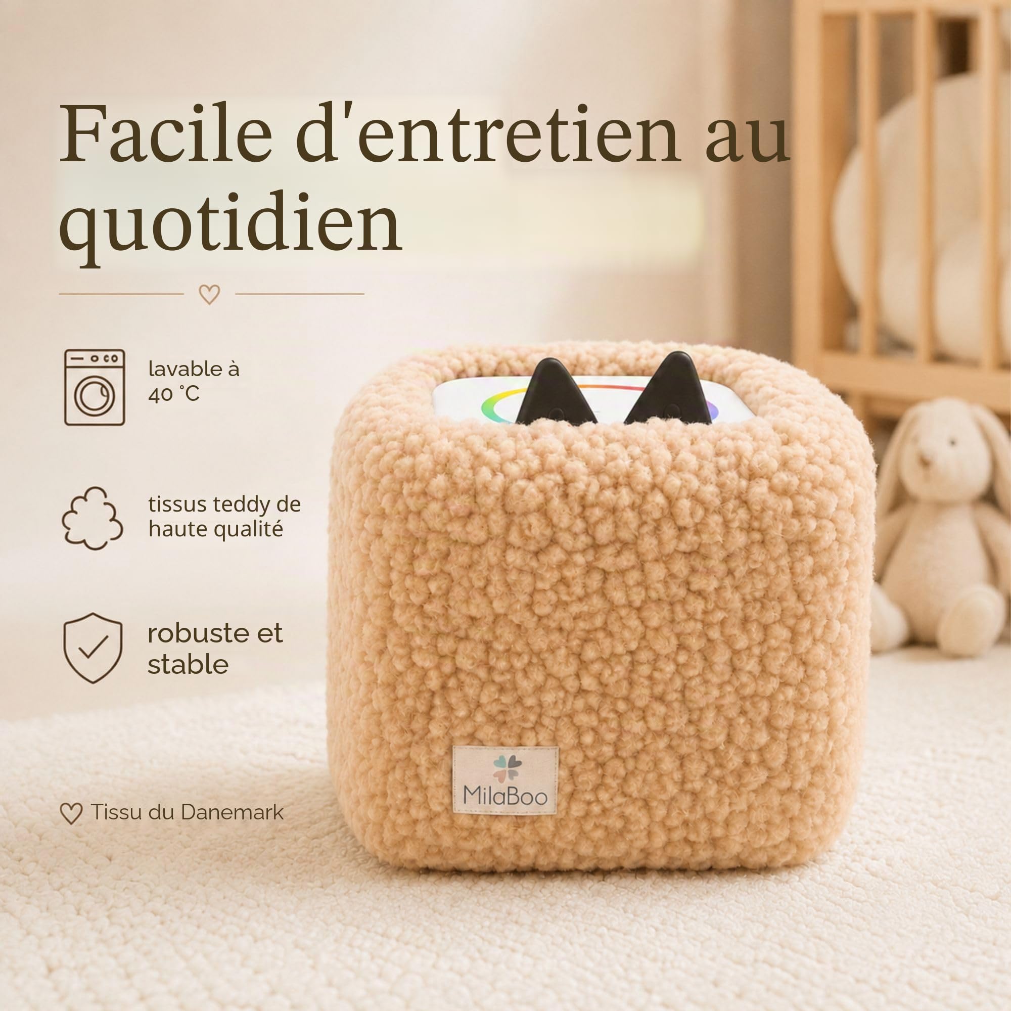 Milaboo Housse en peluche de qualité supérieure pour Toniebox 1 et 2, fabriquée à la main en Allemagne, avec tissu en peluche doux, housse de protection et manipulation facile (beige)