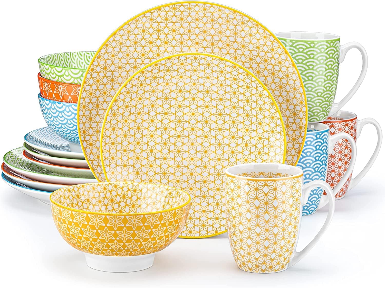Natsuki Porcelain Dinner Sets, Colourful Plate Set with Classic Pattern, 16 Piece Dinnerware Sets with Dinner Plate, Dessert Plate, Bowl and Mug. Service for 4