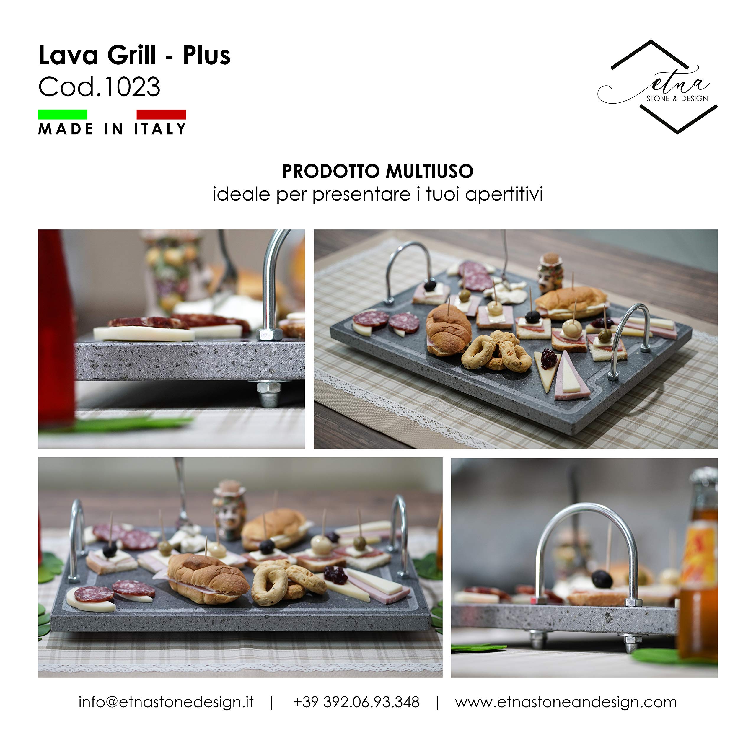 Lava Grill Plus L 60 x 30 cm _ parrilla con asas piedra volcánica étnica placa nivelada para horno y barbacoa de cocina Carne, pescado, verduras y pizza Etna Stone & Design