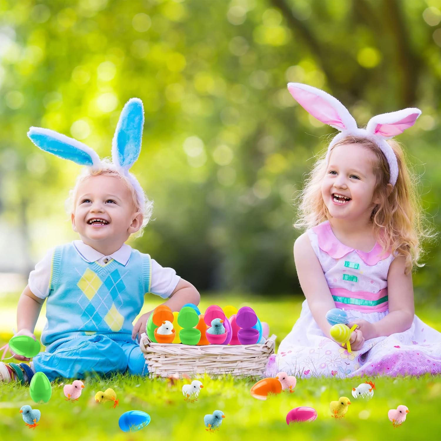 40 Pack Easter Eggs Prefilled Wind Up Plush Wingless Chick Toys for Easter Egg Hunt Game Easter Basket Stuffers Party Supplies