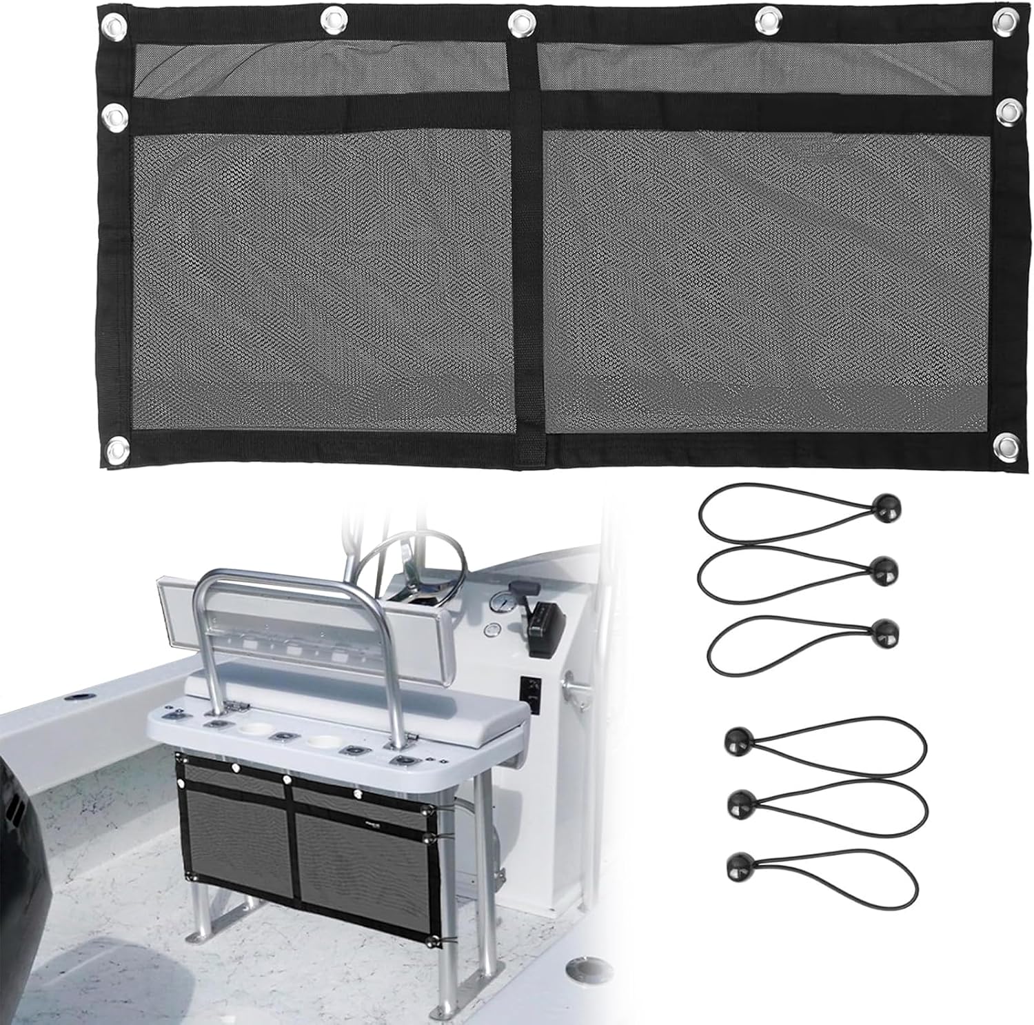 Boat Storage Bag Mesh Suspended Storage Bag Car Storage Accessories with 6 Pcs Elastic Hanging Straps for Yachts Boats RV Camping