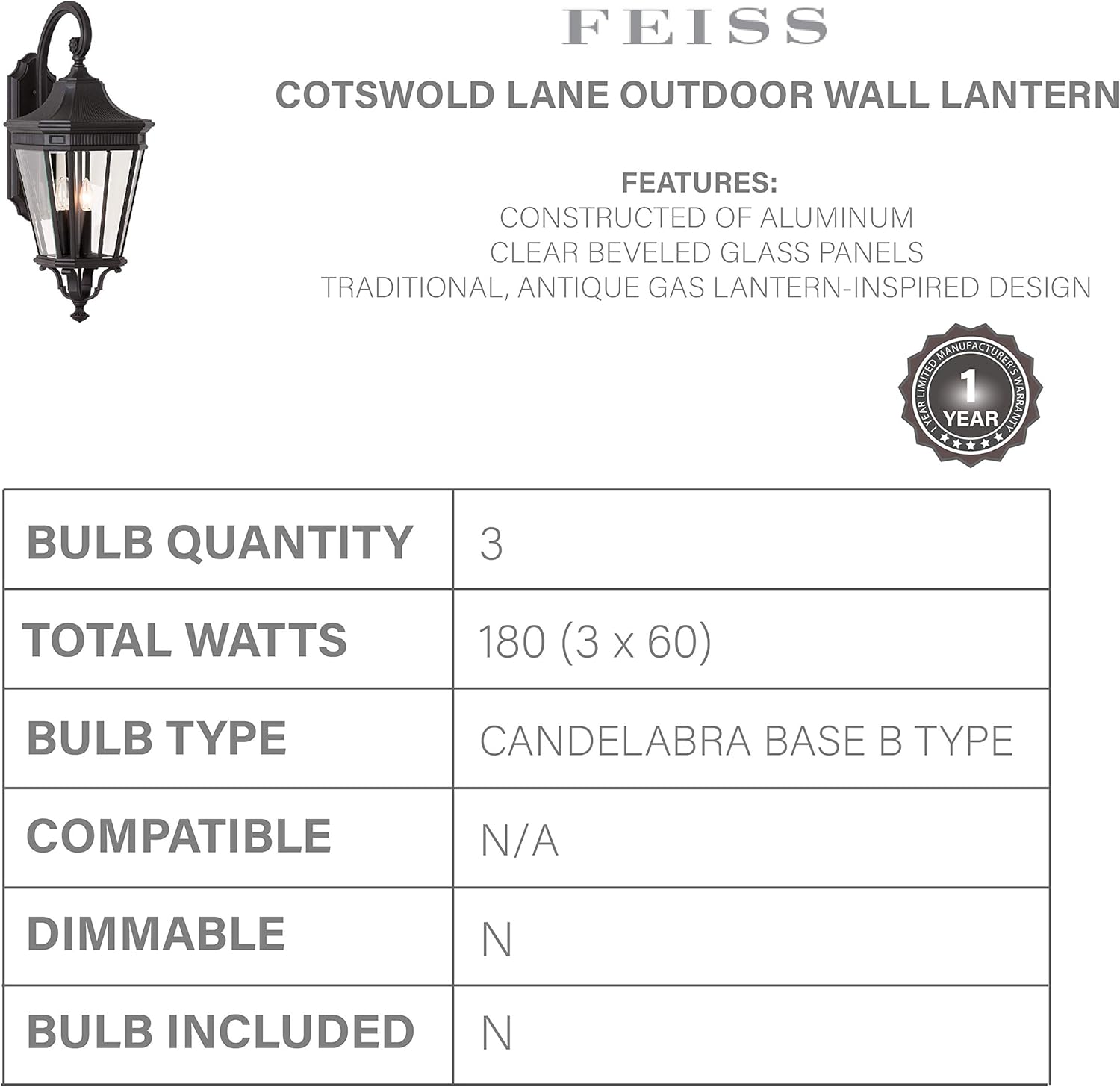 Feiss OL5401GBZ Cotswold Lane Outdoor Patio Lighting Wall Lantern, Bronze, 2-Light (9"W x 21"H) 120watts - Wall Porch Lights - 
