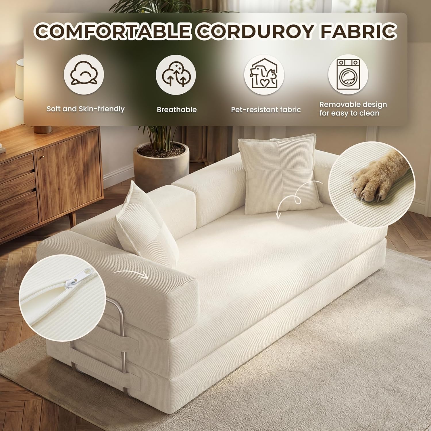 GRUSIGN 78 Inch Convertible Sofa Bed, 5-in-1 Futon Sofa Bed Pull Out Couch, Boneless Couch Bed for Living Room, Corduroy Boneless Couches for Bedroom, Apartment, No Assembly Sleeper Sofa Bed, Beige | 4 Fixed-Shape Frame, Removable Corduroy, High-density foam, With 2 pillow, Tool-Free Assembly