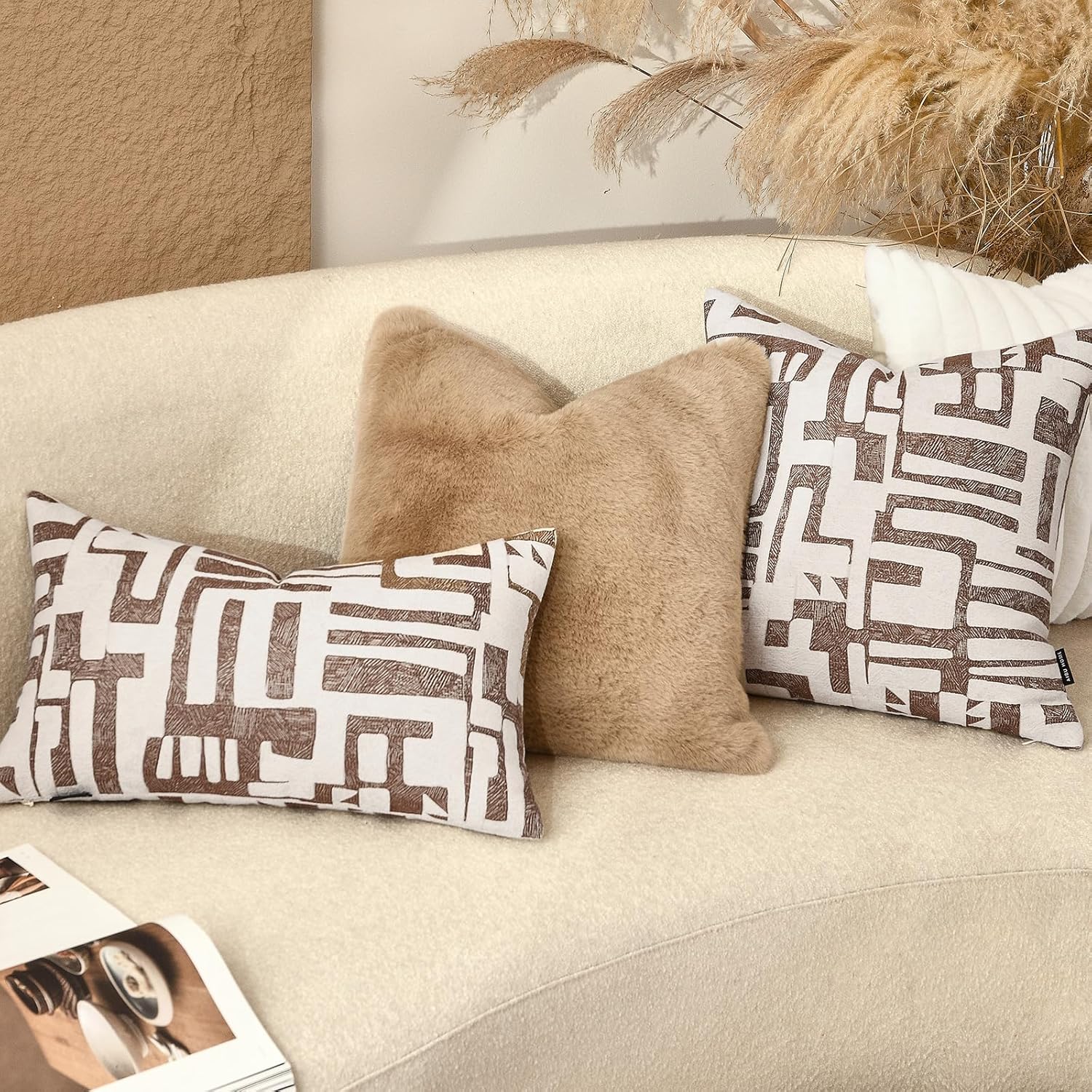 Throw Pillow Cushion Cover 18x18 Inch, Double-Sided Modern Geometric High-Density Jacquard Polyester Pillow Covers for Sofa, Bed, Rattan Chair, Bedroom, Living Room(Brown)