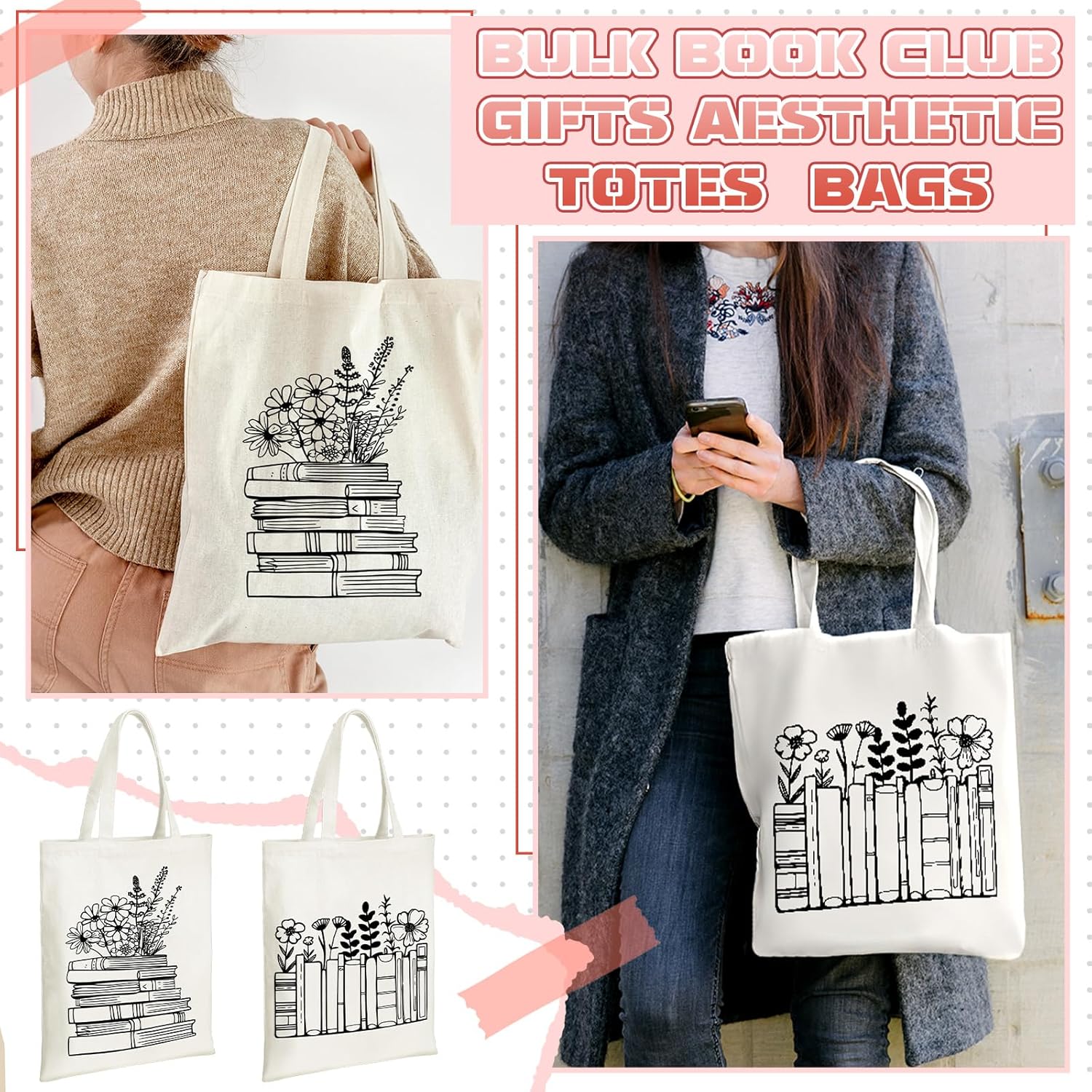 Sweetude 8 Pcs Book Lovers Club Gifts Bulk Canvas Tote Bags Bookish Librarian Reader Gift for Women Teacher(Basic Style) - Image 3