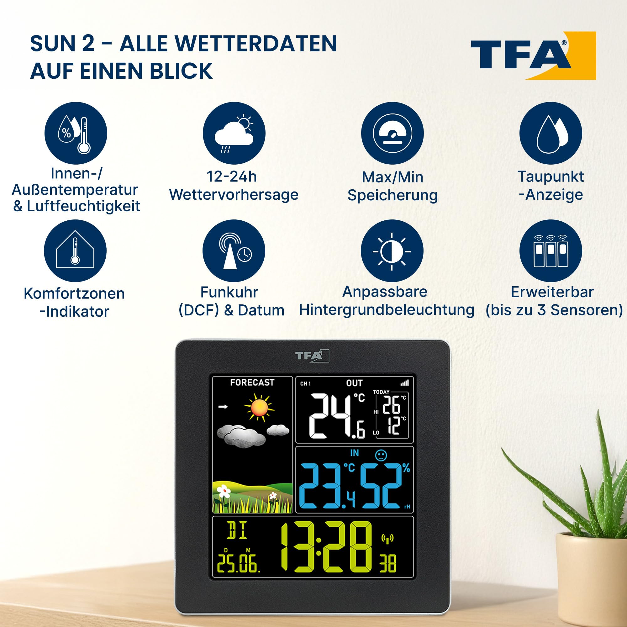 TFA Dostmann Wetterstation Funk mit Außensensor SUN2 digital, 35.1174, für Innen und Außentemperatur, großes Farbdisplay, mit Wohnklima, inkl Funkuhr mit Datum, Hygrometer, mit Netzadapter, schwarz