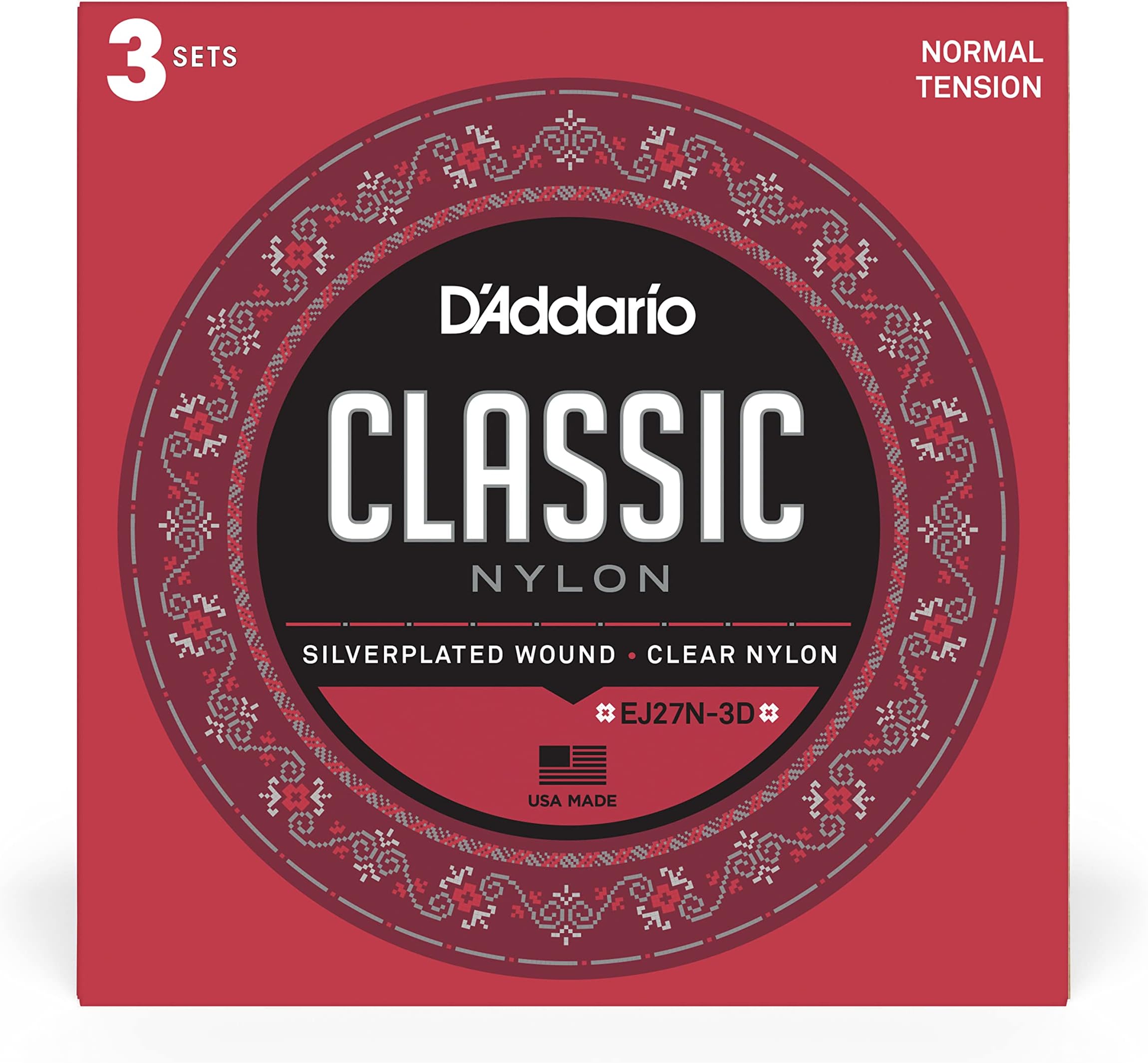 Student Nylon Classical Guitar Strings, EJ27N-3D, Normal Tension, 6-String Set, Pack of 3