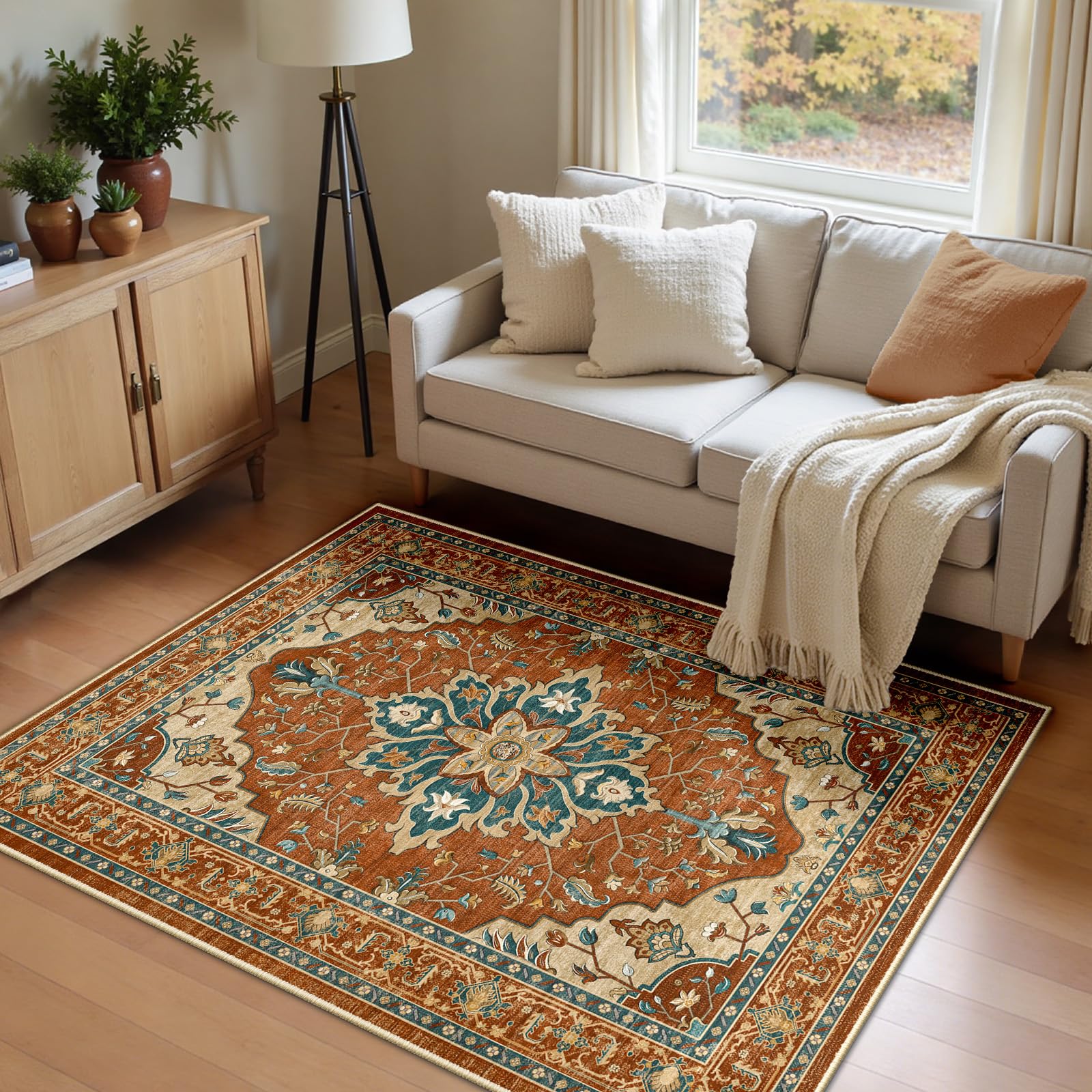 INOVADAY Machine Washable Rugs 120x180 cm Vintage Area Rug Low Pile Anti-Slip Carpet with Print Pattern for Living Room Bedroom Home Office Indoor Red/Orange/Blue/Brown