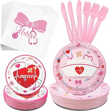 GRULLIN Pink Nurse Tableware Supplies for 50 Guests, Nursing 7" & 9" Plates, Napkins, Utensils Set for Congrats Graduation, Birthday, Nurse Appreciation Week, Birthday, Retirement Party