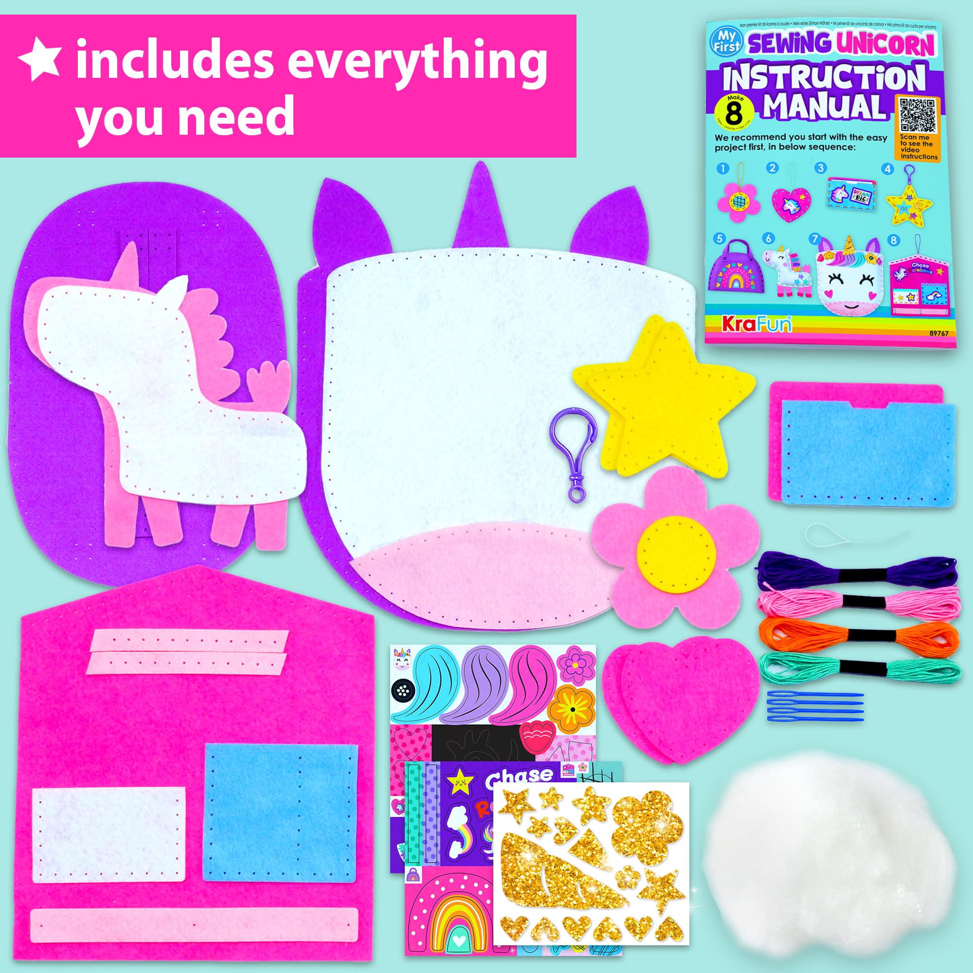 KRAFUN Unicorn Sewing Kit for Children 5+ Years 5 Beginner Projects (Doll, Pillow, Mobile, Keychain, Bag), Felt, Instructions, Educational Toy - 3