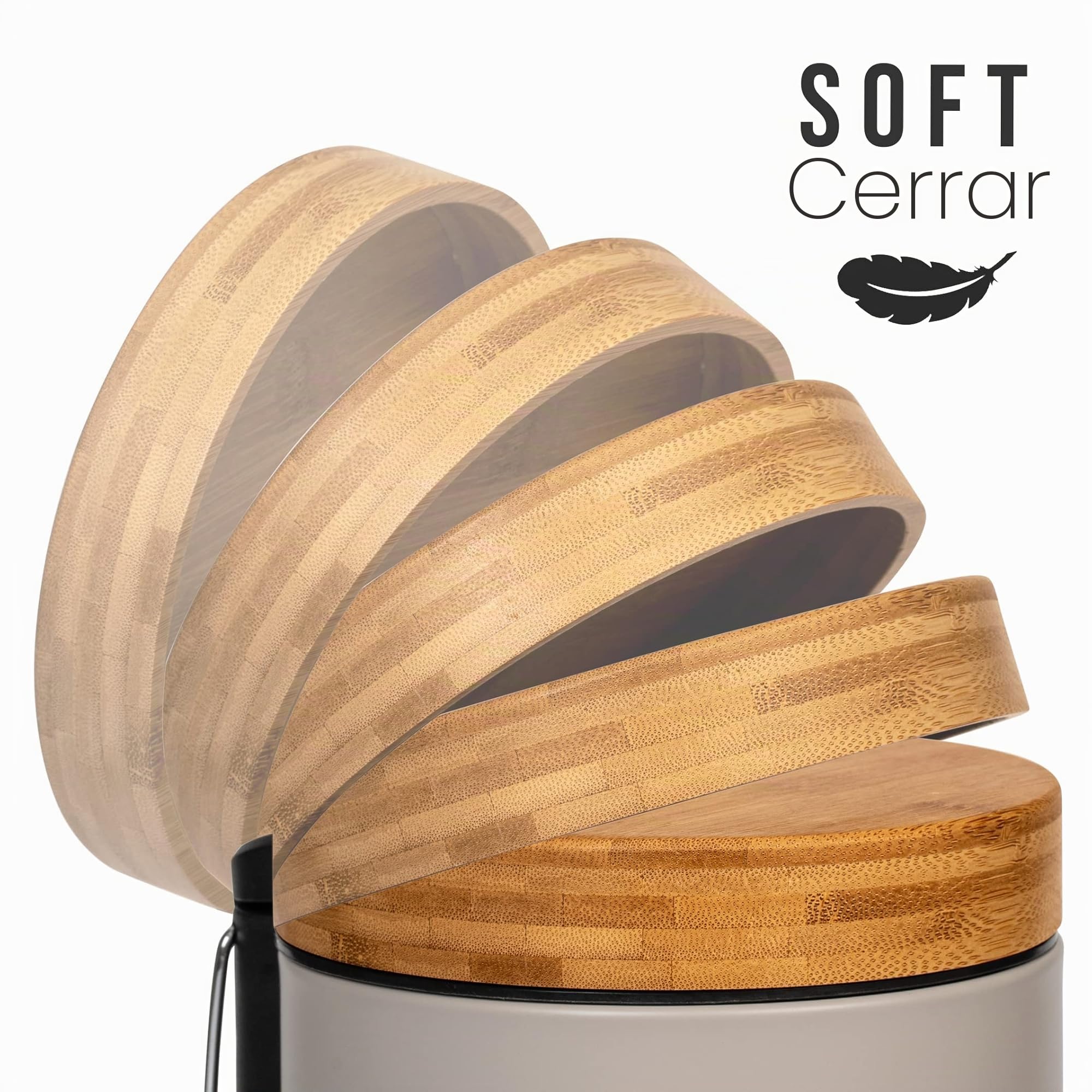 Kazai. 3 Litros Cubo de Basura para el Baño de Diseñador - Bambú Superior | Cierre Suave | Anti-Huellas | Taupe (Claro)