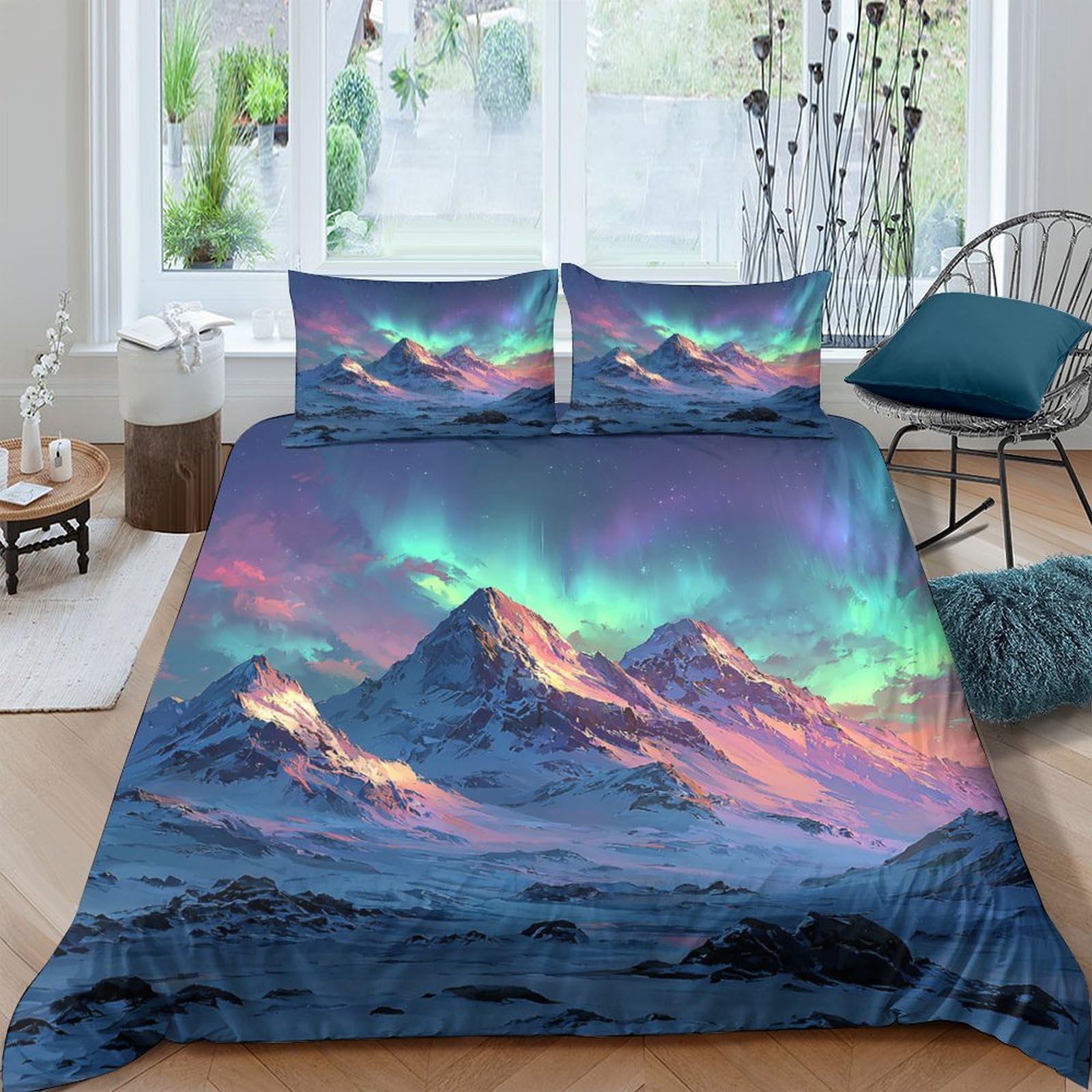 Ctjqhvkz Style-4 3D Printed Aurora Mountain Fitted Sheet Microfiber Soft Breathable Northern Light Bed Cover For Bedroom Decor Protection Single（135X200cm）