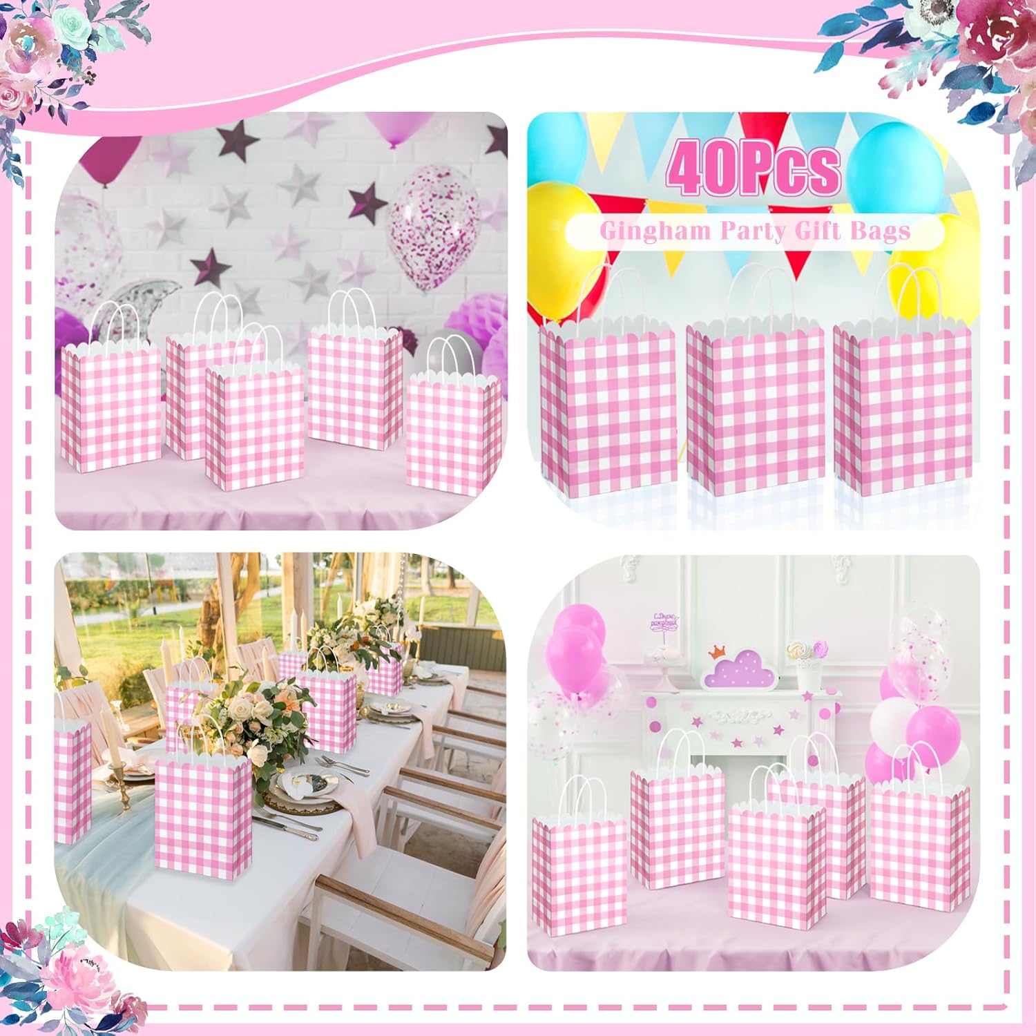 Polinook 40 Pcs Pink Gingham Party Supplies Gift Bag - with Handles Scalloped Plaid Paper Candy Bags - Double Side Kraft Paper Goodie Bags - for Spring Wedding Party Decor