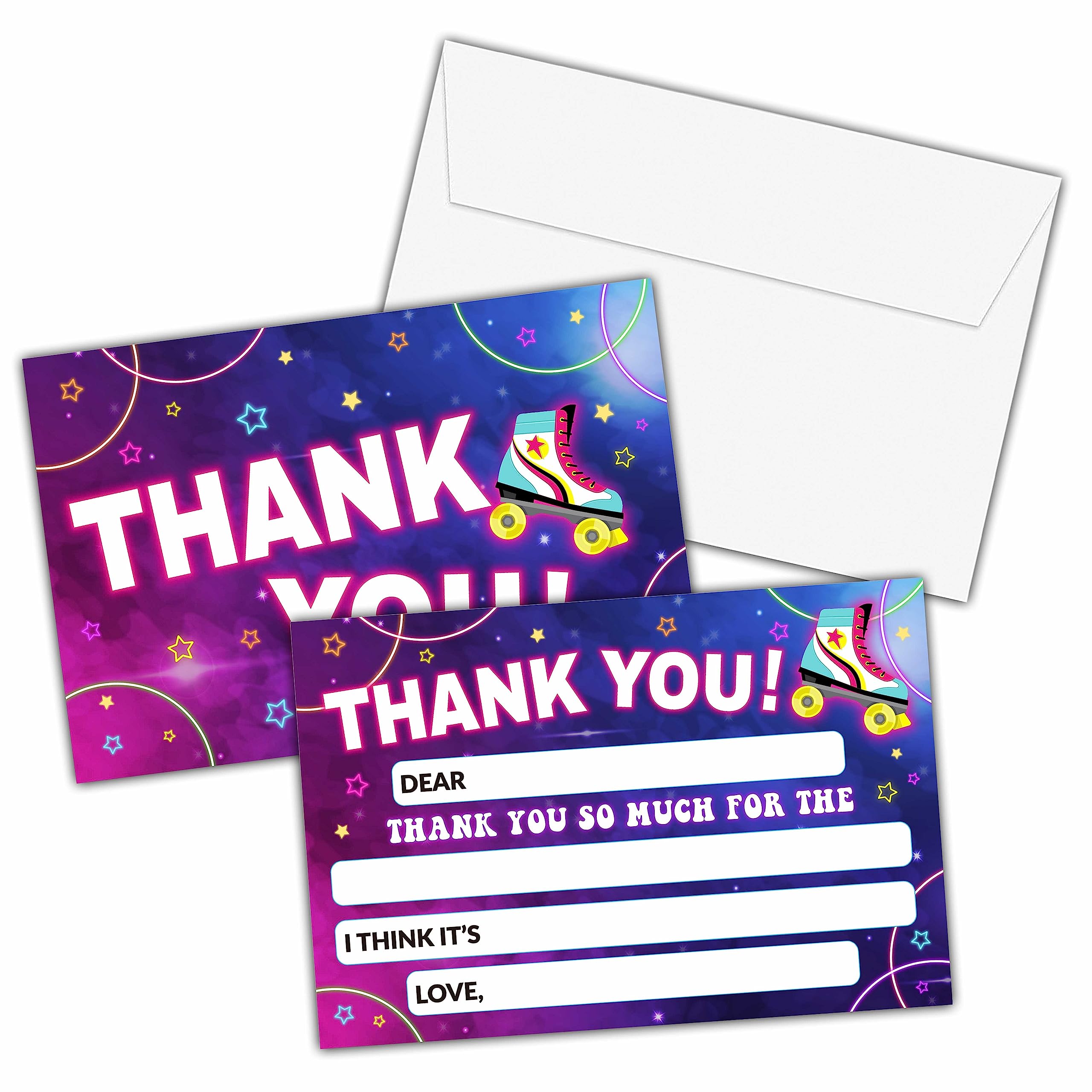 KFNER Roller Skate Thank You Cards, Neon Glow Fill In The Blank Thank You Card, Thank You Notes for Boys Girls, Skating Birthday Party Favors Supplies