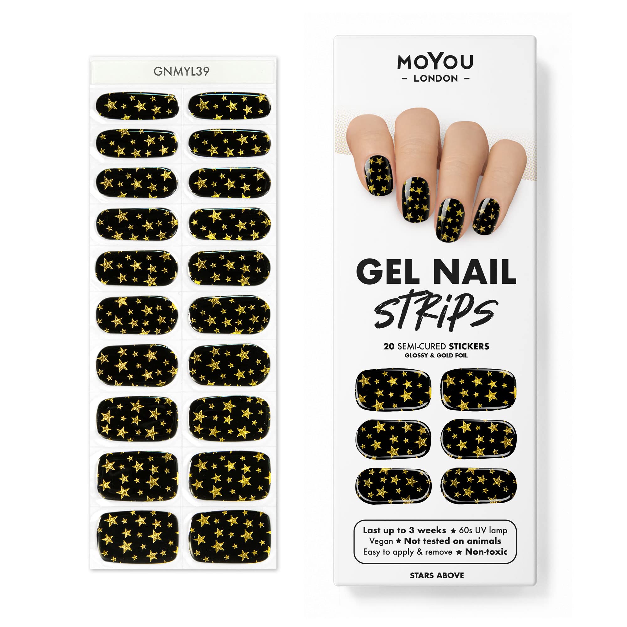 MOYOU LONDONSemi Cured Gel Nail Wraps, 20 Pcs Gel Nail Polish Strips for Salon-Quality Manicure Set with Nail File & Wooden Cuticle Stick (UV/LED Lamp Required) - Midnight