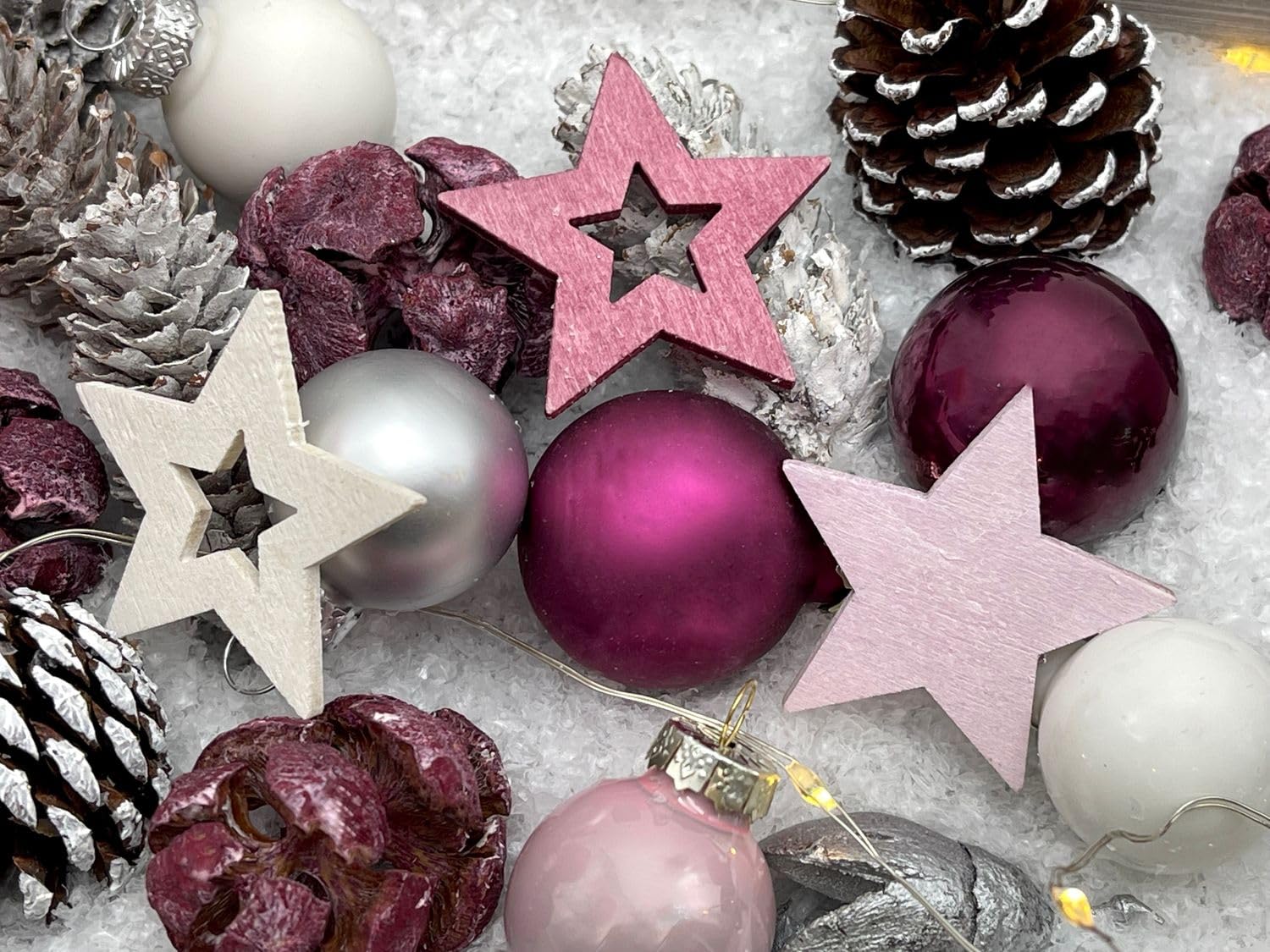 ZauberDeko LED Adventsgesteck Weihnachtsdeko Tablett Holz Hirsch Silber Rosa Beere Lichterkette 40cm