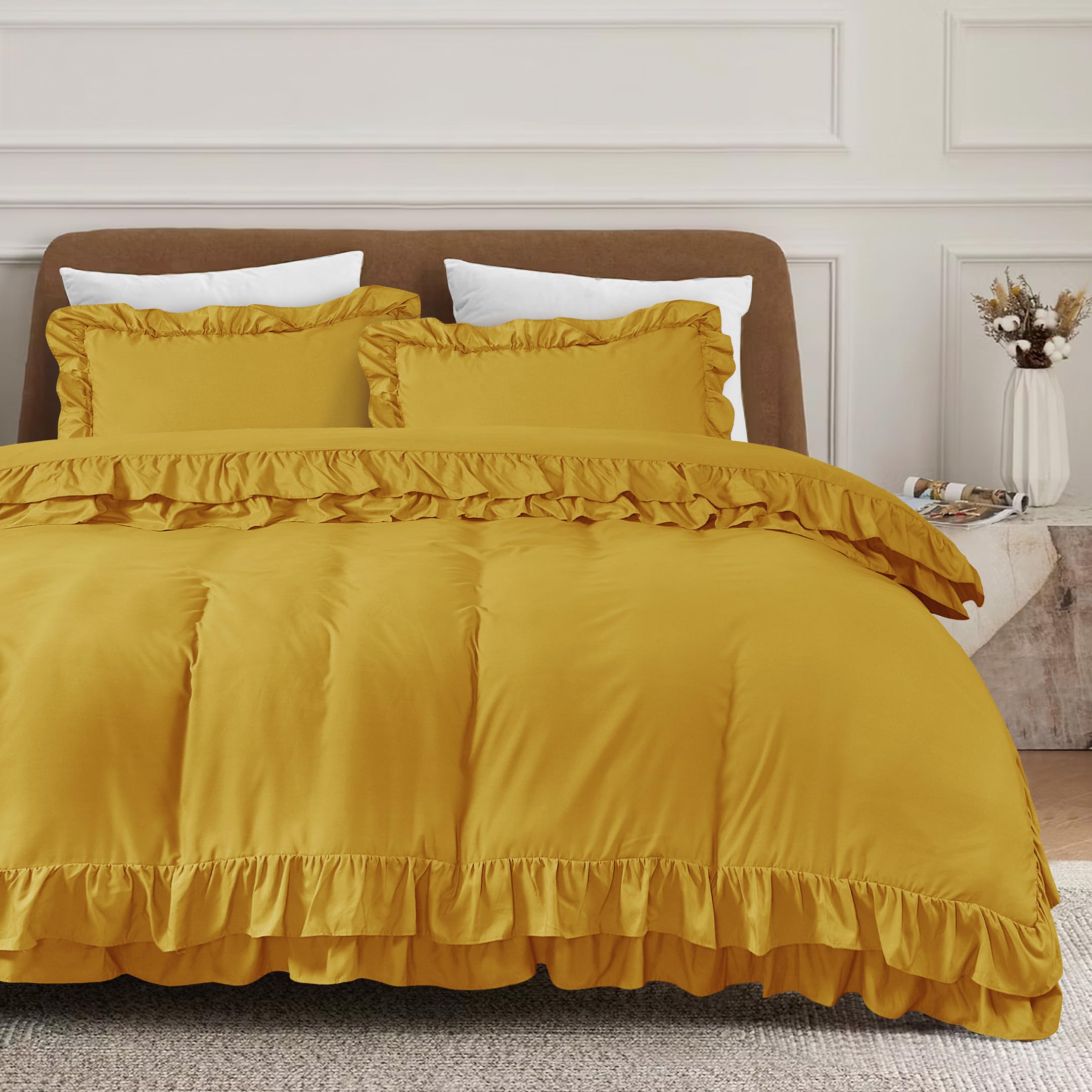 QATAN 3 Pieces Ruffle Bedding Set with 2 Pillowcase Frills Duvet Cover with Button Closure Soft Microfiber Duvet Cover Set (Ochre, Double) — image 1