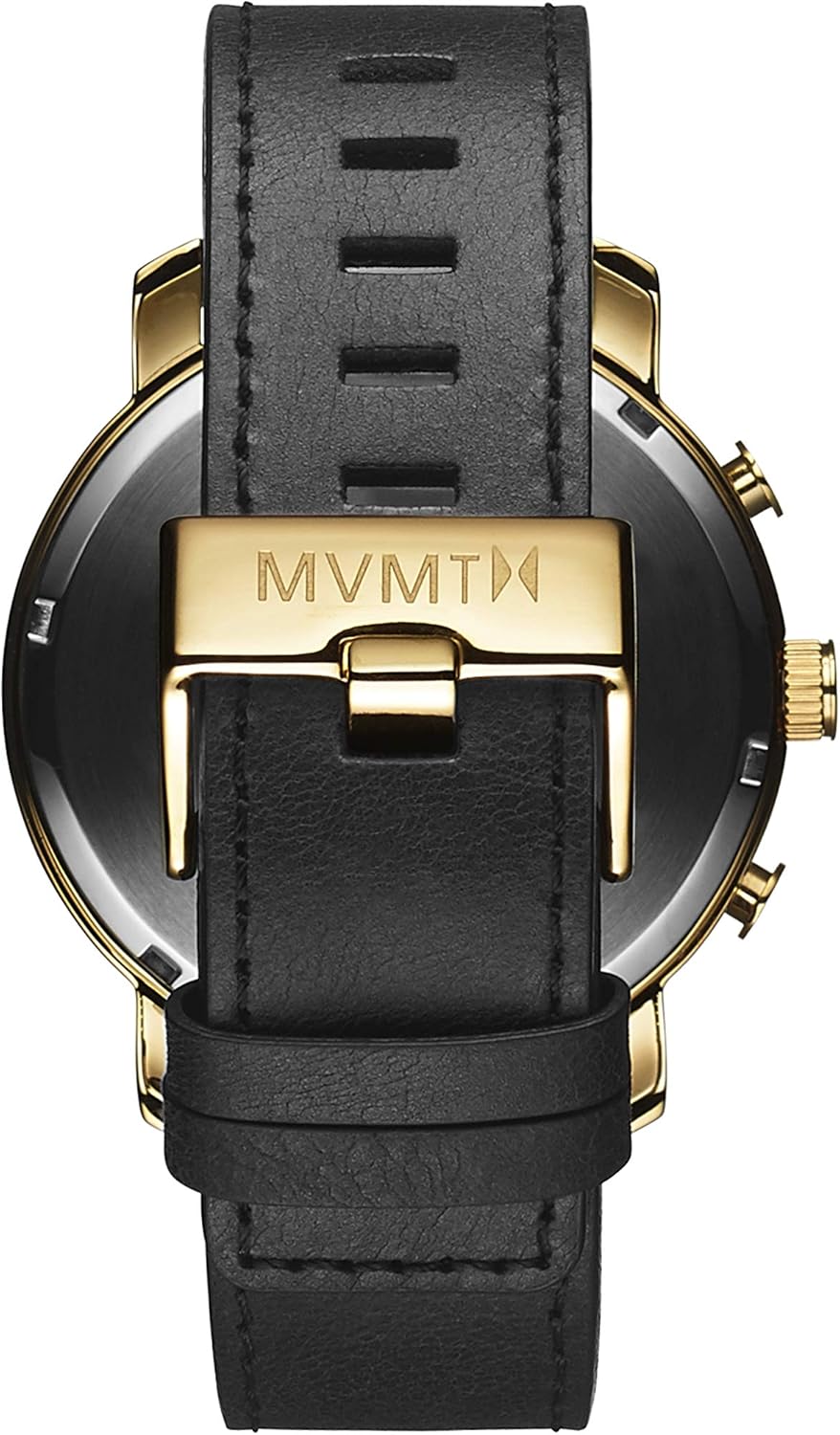 Back view of the MVMT D-MC01GL watch, showing the stainless steel case back and the MVMT logo on the buckle.