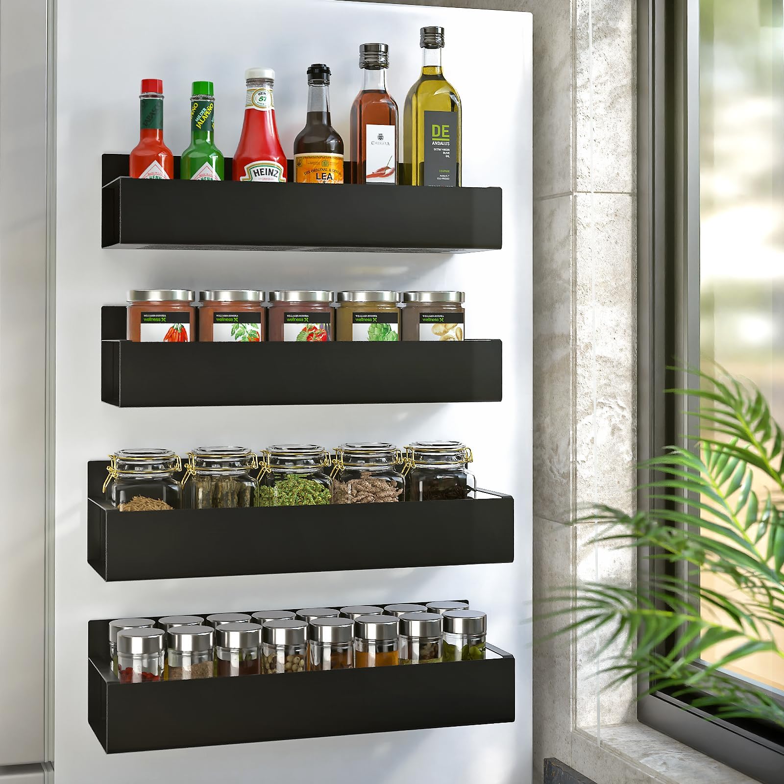 4 Pack Spice Rack for Refrigerator, Moveable Spice Organizer, Black Metal Strong Magnetic Shelf for Fridge and Microwave Oven, Space Saving for Kitchen