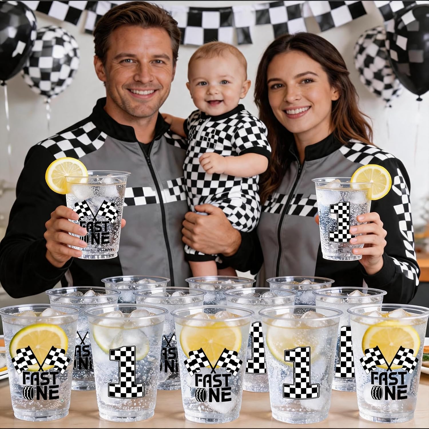 50 PCS Fast One Birthday Plastic Cups,12 OZ Clear Disposable Cold Hot Drinking Cups Beverage Water Container Race Car Themed First Birthday Party Supplies