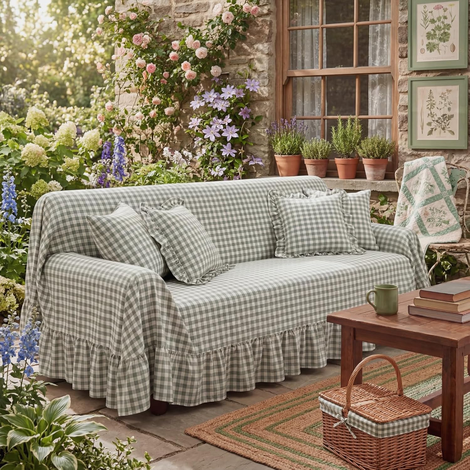 Green Gingham Couch Cover with Ruffle Farmhouse Sofa Slipcover One Piece Cotton Sofa Cover for 3 Seat Washable French Country Living Room Decor (118" w X 71" h)