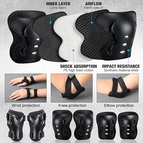 Miniatura 4 de Honoson Juego de 7 piezas de monopatín para niños pequeños, rodilleras, coderas, muñequeras