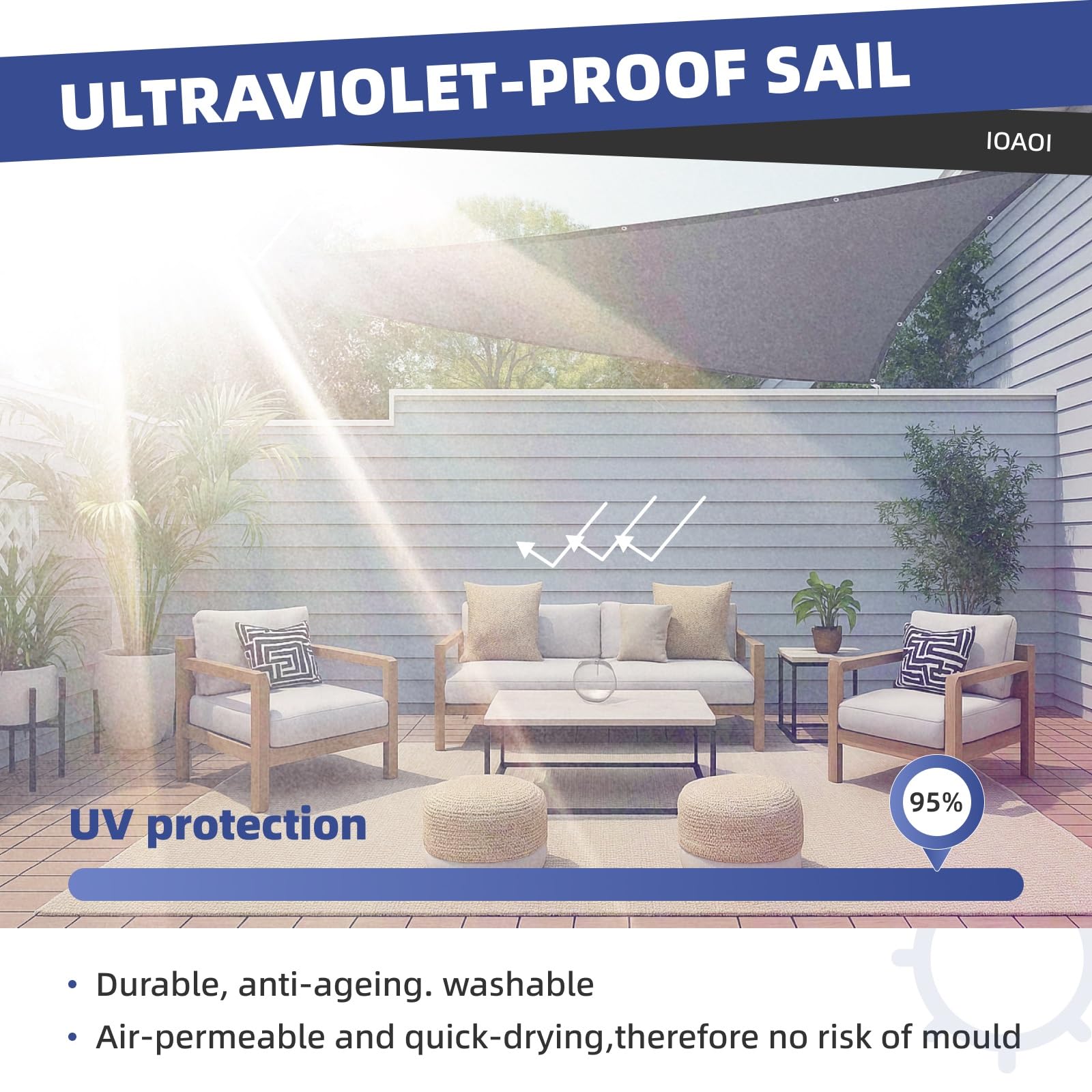 IOAOI – Tenda Parasole Impermeabile, Triangolo Retto da 3x6x6,71 M, 95% Blocco UV con Corda Gratuita, Tenda da Sole per Esterni, Giardino, Patio, Cortile, Prato, Pergolato, Autorimessa - Bianco Spento