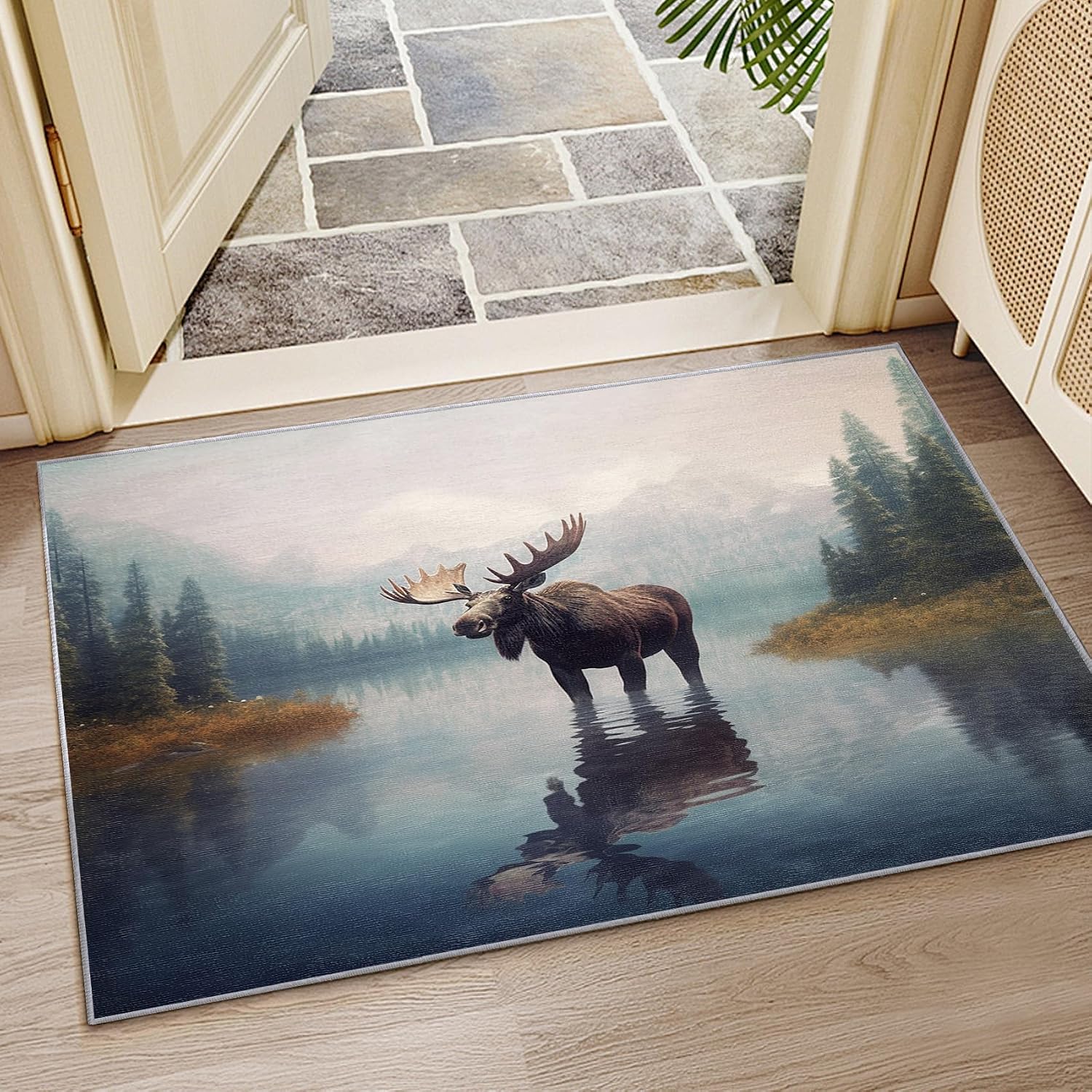 Moose Rug 2x3 - Moose Rug, 5x7 Rug, Wildlife Lake Mountain Landscape Area Rug, Cabin Animal Nature Carpet, Washable & Non Slip & Soft Large Rugs, Moose Home Decor Gifts