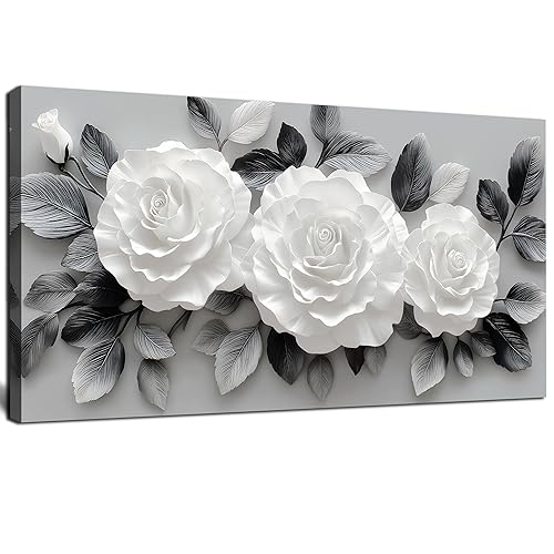 MMMSANSAT White Floral Wall Art for Living Room Black and