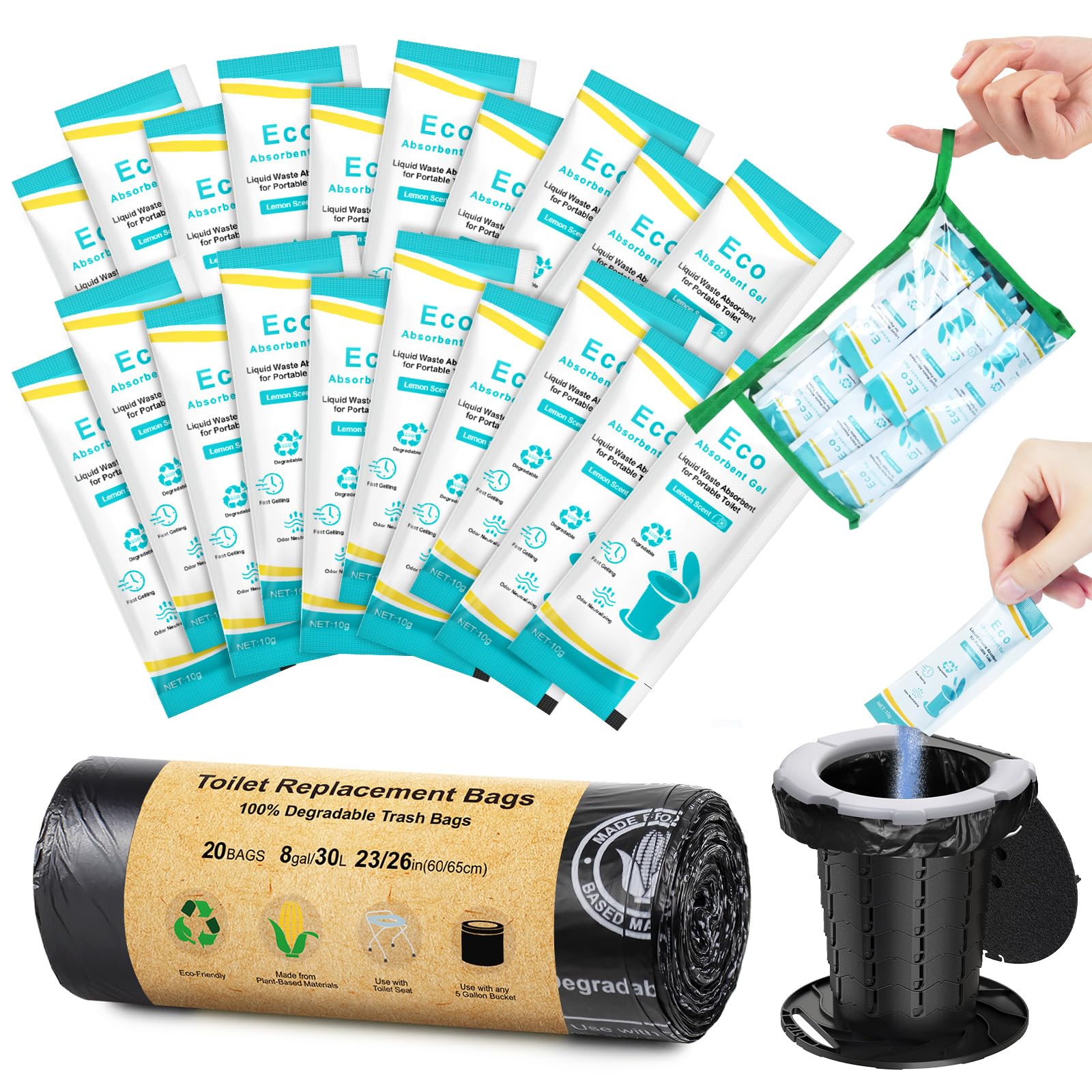 BLIKA 20 Count Camping Toilet Bags Eco Absorbent Gel Set, Portable Toilet Bags with Gel, 8 Gallon, 30 Liter, Heavy Duty 1 Mil, Toilet Replacement Bags