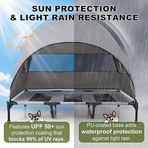 Miniatura 4 de Cama elevada grande para perros con toldo de sombra extraíble, transpirable e impermeable, cuna para mascotas al aire libre para perros de hasta 110