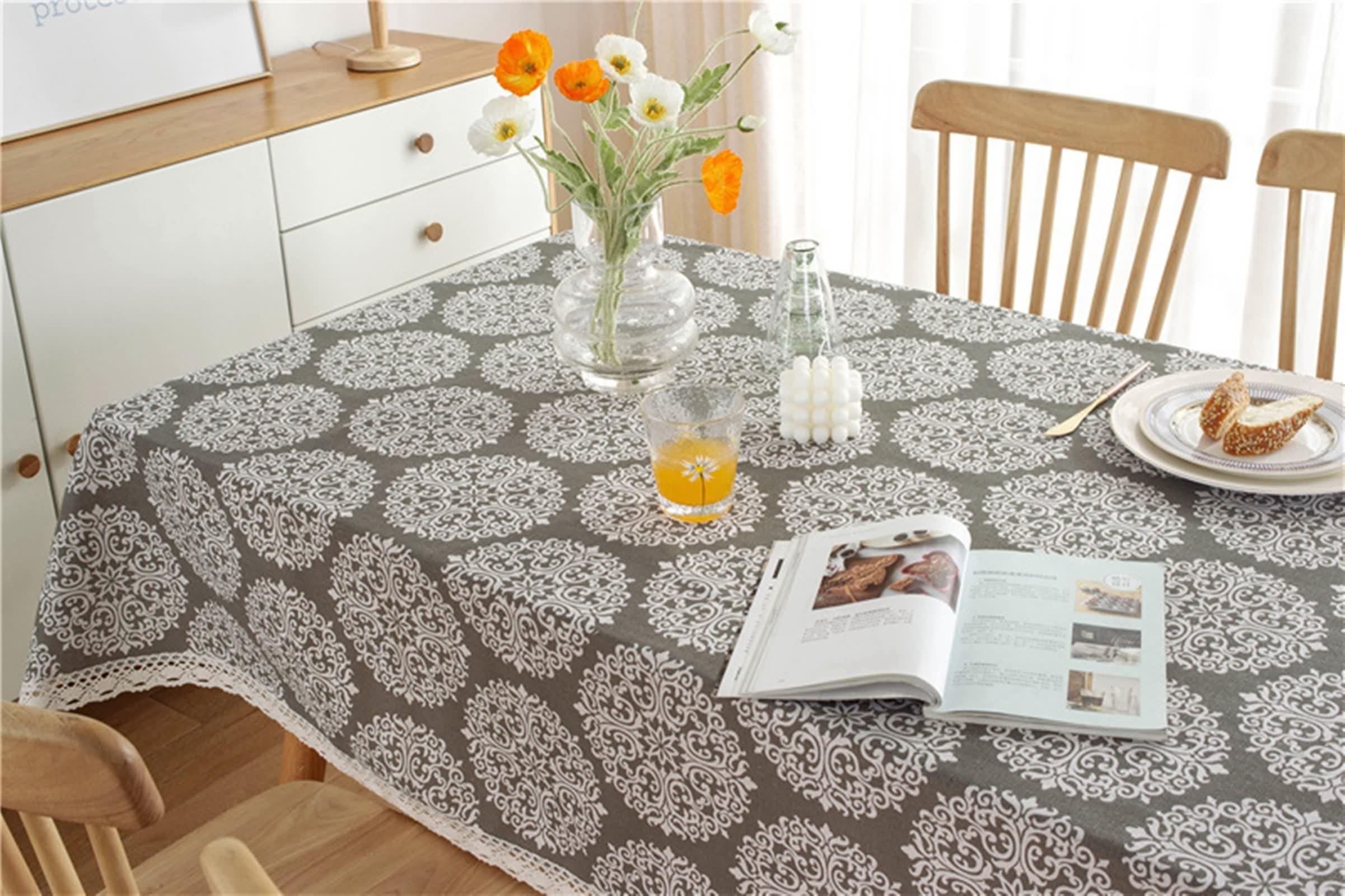Copritavolo Soggiorno Moderno Grigio, Tovaglia Compleanno Elegante Cotone Poliestere Fiore Stampato Decorativa 140X260CM per Cucina