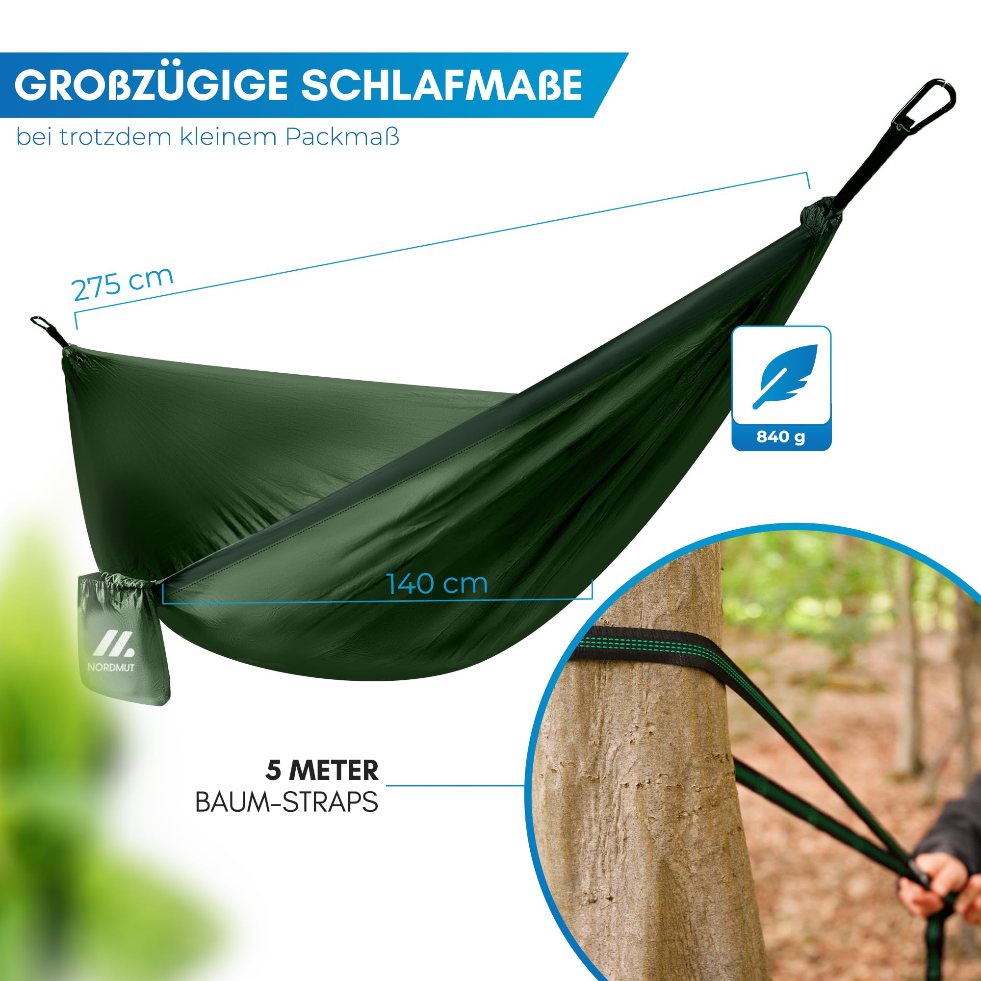 NORDMUT® Ultraleichte Hängematte Outdoor [mit Befestigungs-Set] Camping Hängematte inkl. Baumschutz-Set für Camping, Outdoor und Garten - max. Belastbarkeit 300 kg
