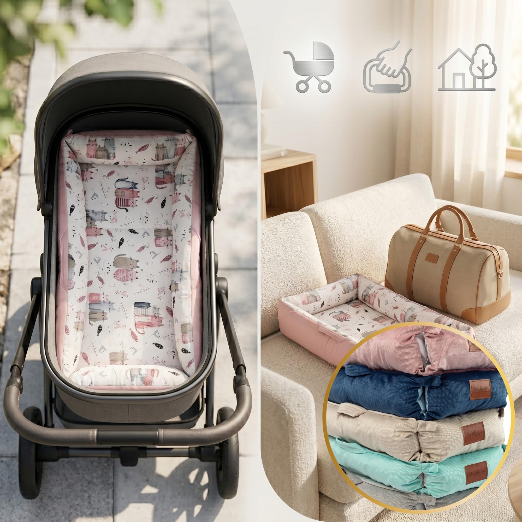 Bellochi Hush Baby Nest Cocoon leżak dla noworodka z cichymi magnetycznymi zapięciami dla spokojnego wypoczynku - hipoalergiczna bawełna premium, wielofunkcyjna mata na brzuch i przenośna kapsuła