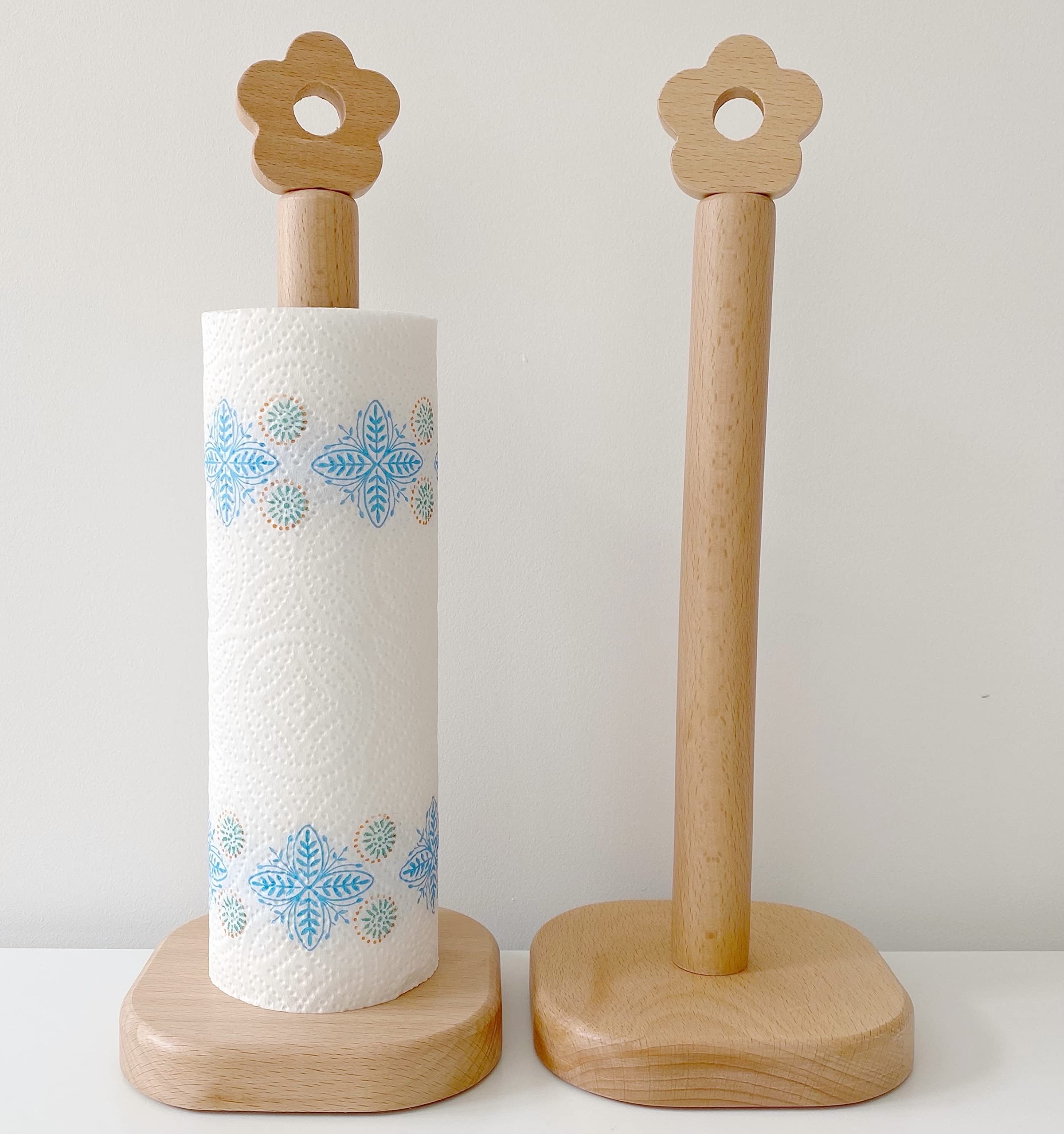 Kitchen Roll Holder, Wooden Paper Towel Holder Free Standing, Cute Five-leaf Clover Kitchen Roll Stand, Natural Wood