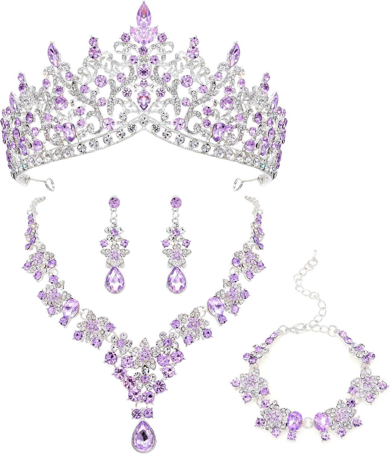 Oriamour Elegant Bridal Jewelry Set Wedding Crown with Purple and Clear Crystals, Necklace, Earrings, Bracelet For Brides, Prom