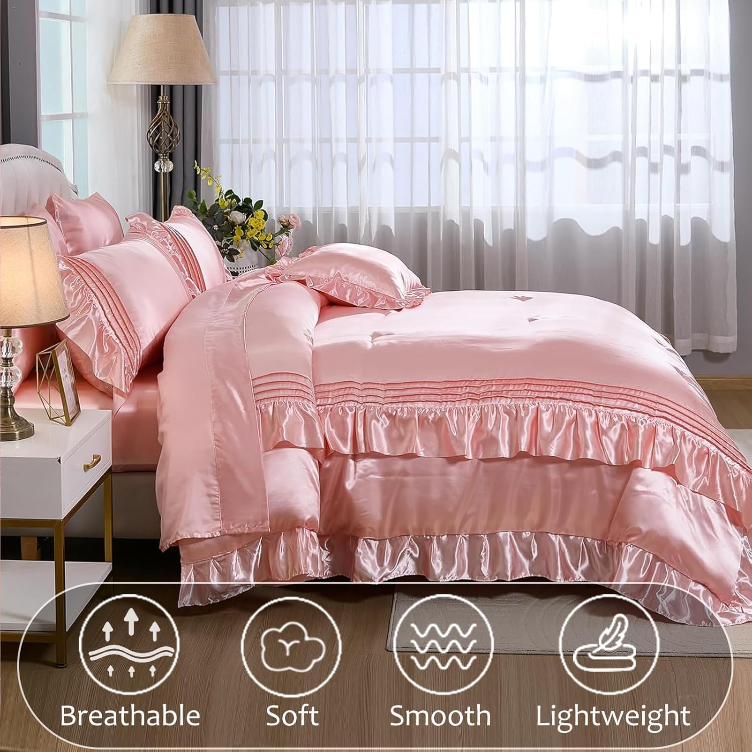 Pink Satin Comforter Set 8 Pieces Queen Comforter with Sheets Silk Like Satin Bed Set Luxury Bedding Bed in a Bag 1 Comforter 4 Pillowcasas 1 Flat Sheet 1 Fitted Sheet 1 Cushion Cover