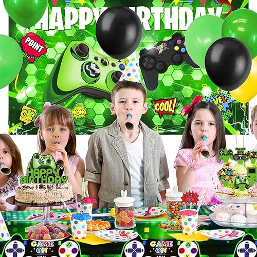 Miniatura 7 de Decoraciones de fiesta de cumpleaños de videojuegos, 108 piezas, suministros de fiesta de juegos verdes para niños, telón de fondo, cubierta de