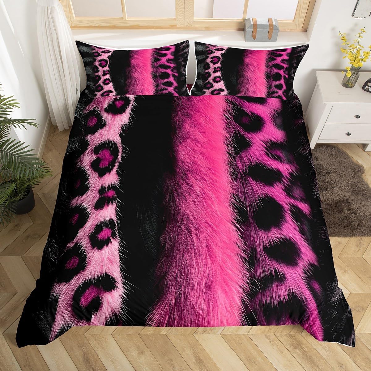 jejeloiu 3D Pink Leopard Bedding Set Queen Size Adult Leopard Duvet Cover for Boys Girls Animal Print Comforter Cover Set Wild Animal Fur Bedspread Cover 3Pcs
