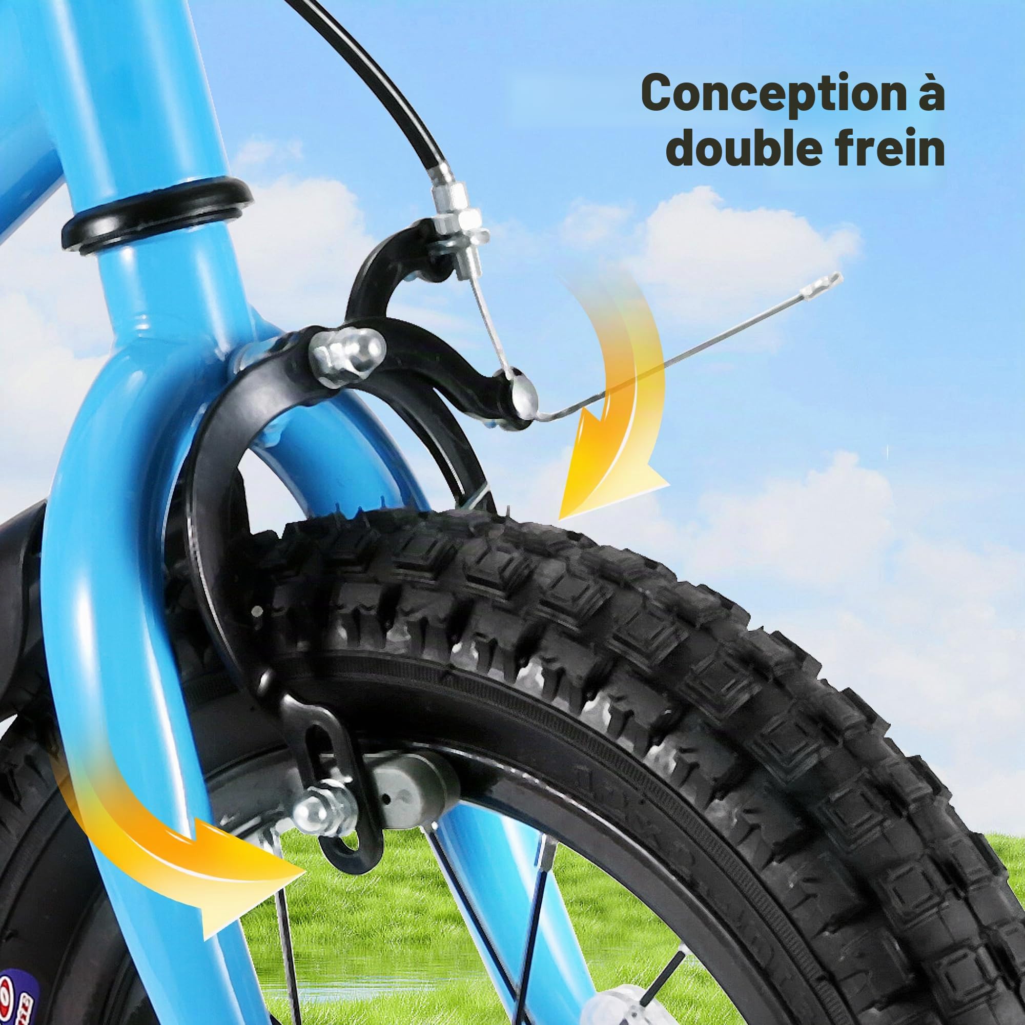 BODIOO Vélo pour enfant de 16" avec siège réglable, roues stabilisatrices, frein à main, frein à rétropédalage et cadre solide pour cyclistes de 104 à 117 cm (bleu)