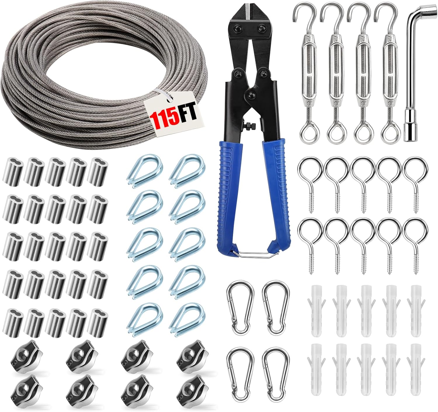 【115FT】 Tension Wire Kit, 【74 PCS】 Wire Rope Kit, Wire Tensioners 304